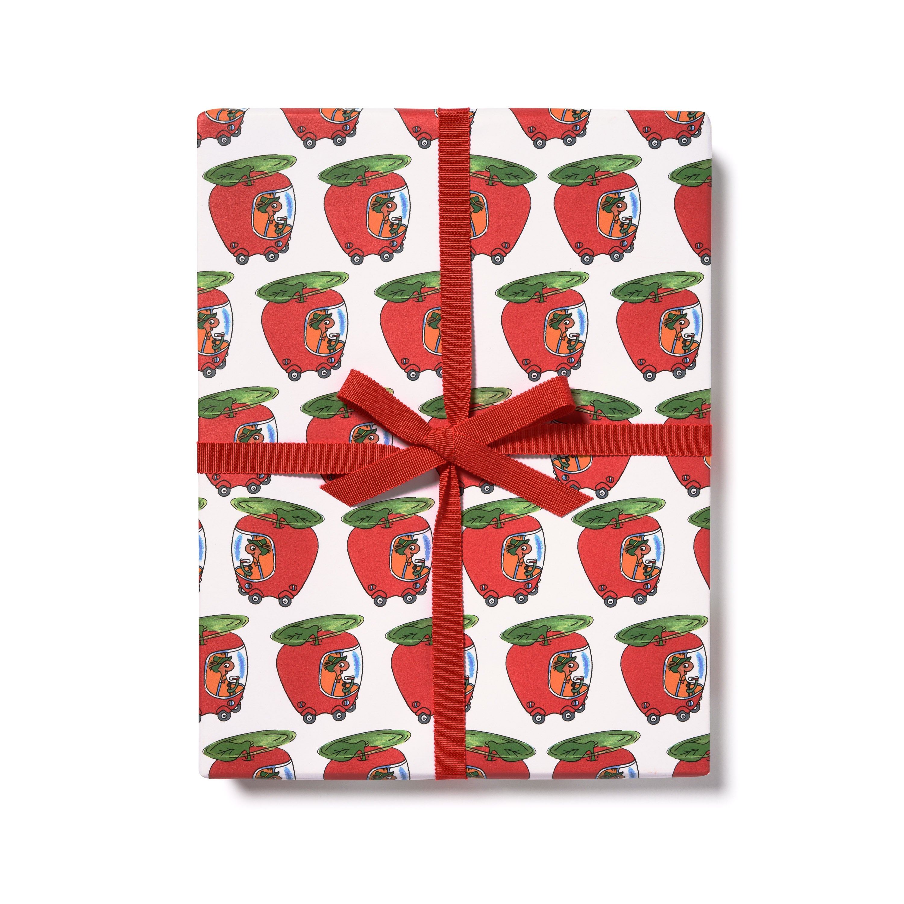 Gift wrap with pattern of the Lowly Worm in an apple car on white background with a red ribbon. 