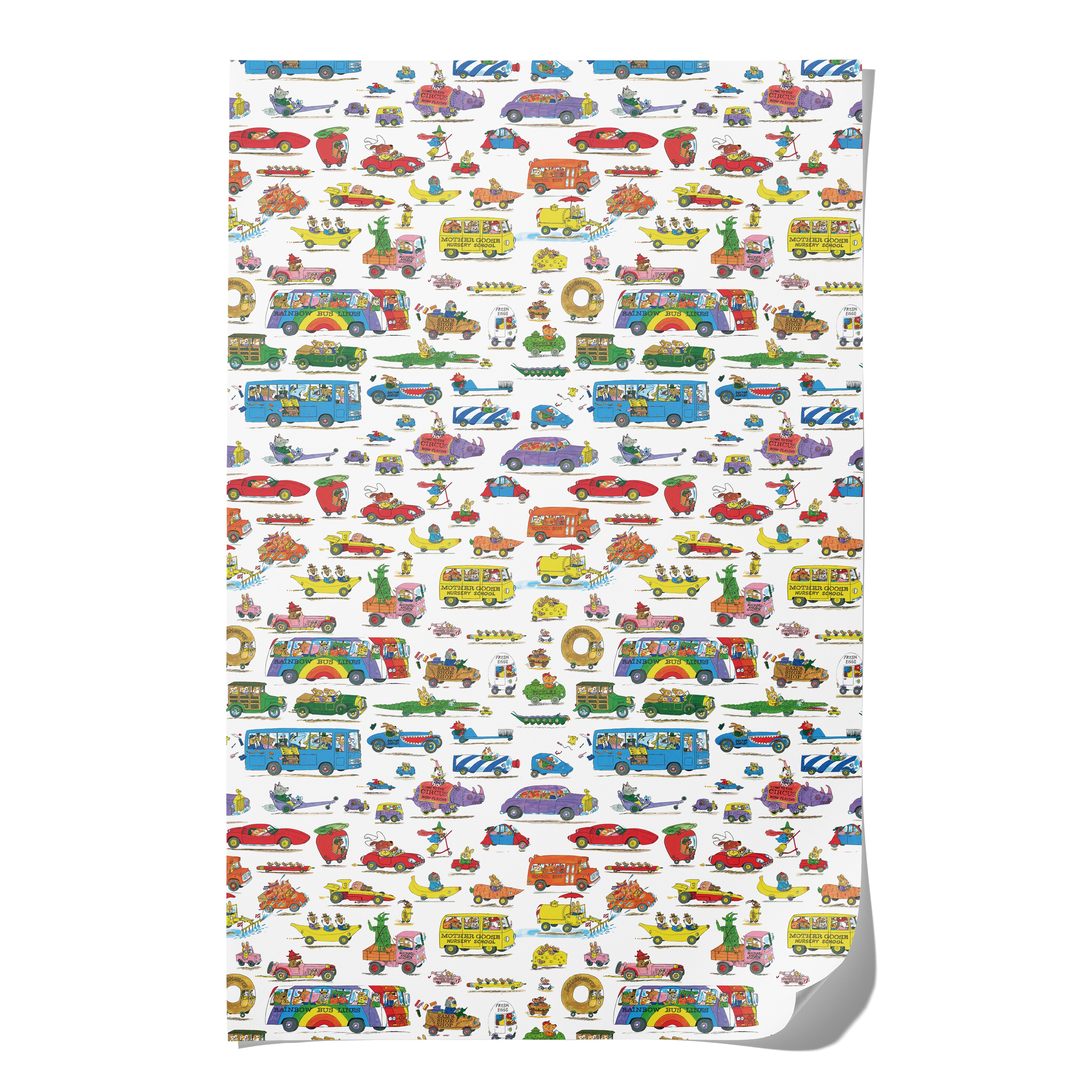 Gift wrap with colorful Busytown themed vehicle pattern on a white background.