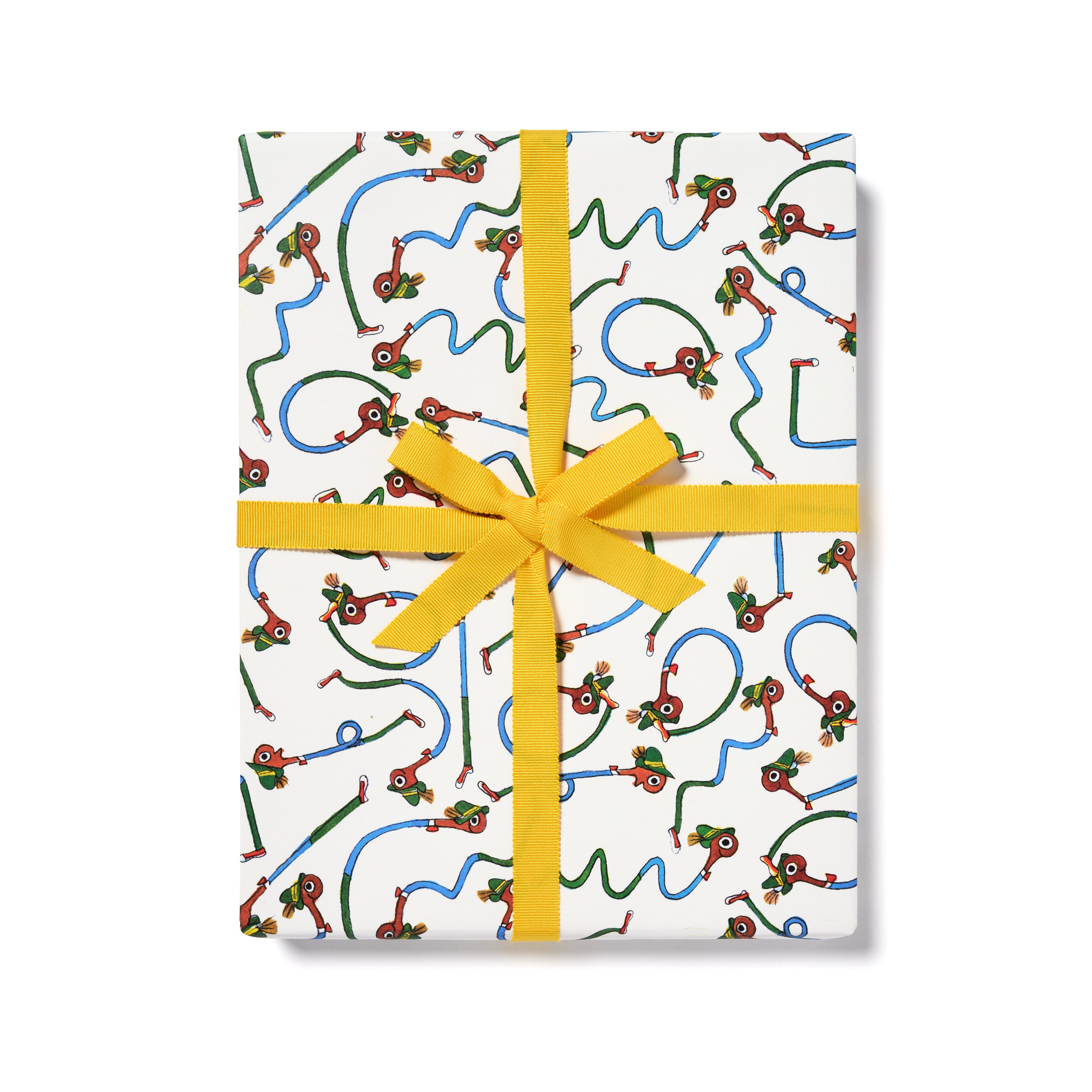 Gift wrap with Richard Scarry's Lowly Worm print on white background tied with a yellow ribbon.