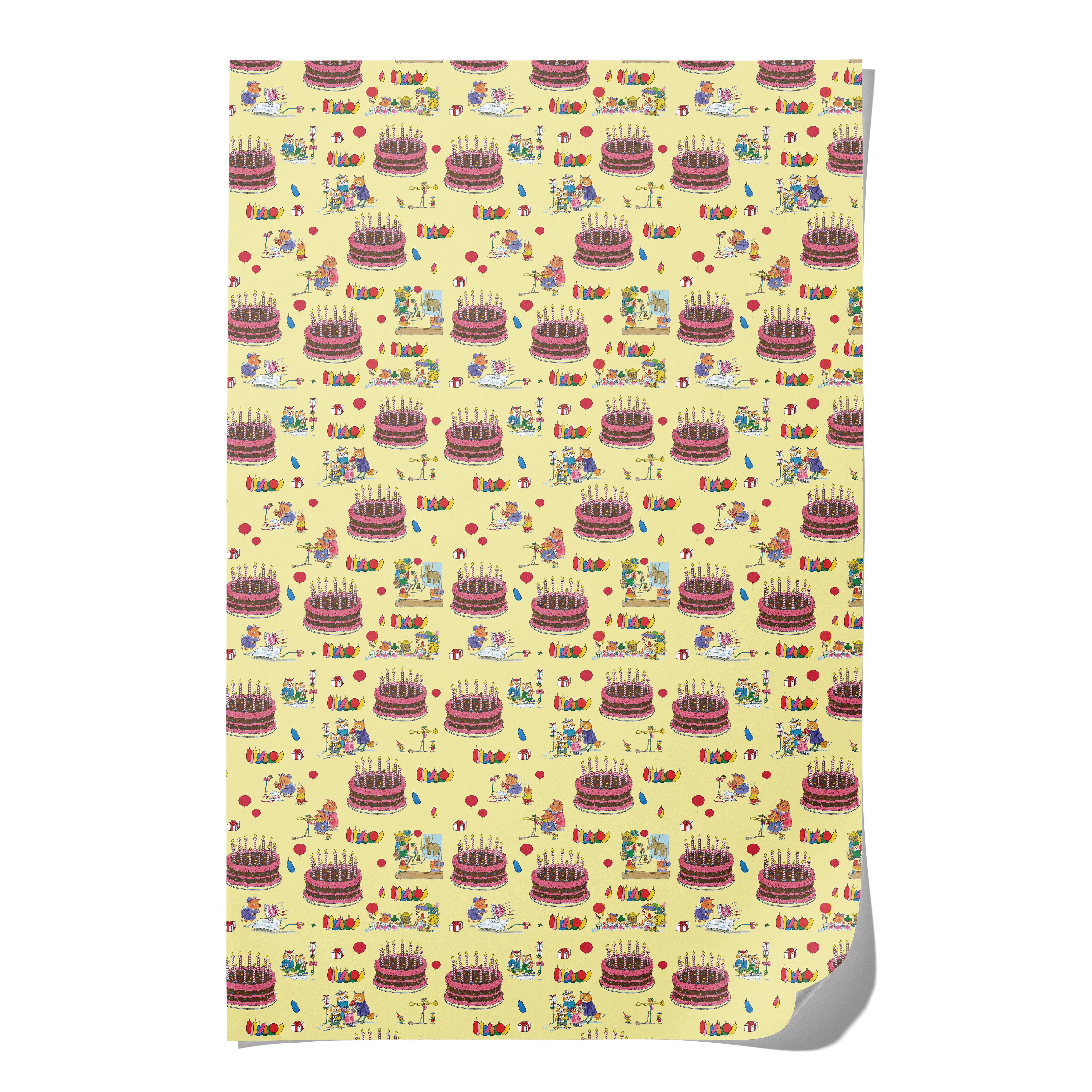 Gift wrap with animal illustrations and party themes with a giant cake on a yellow background. 