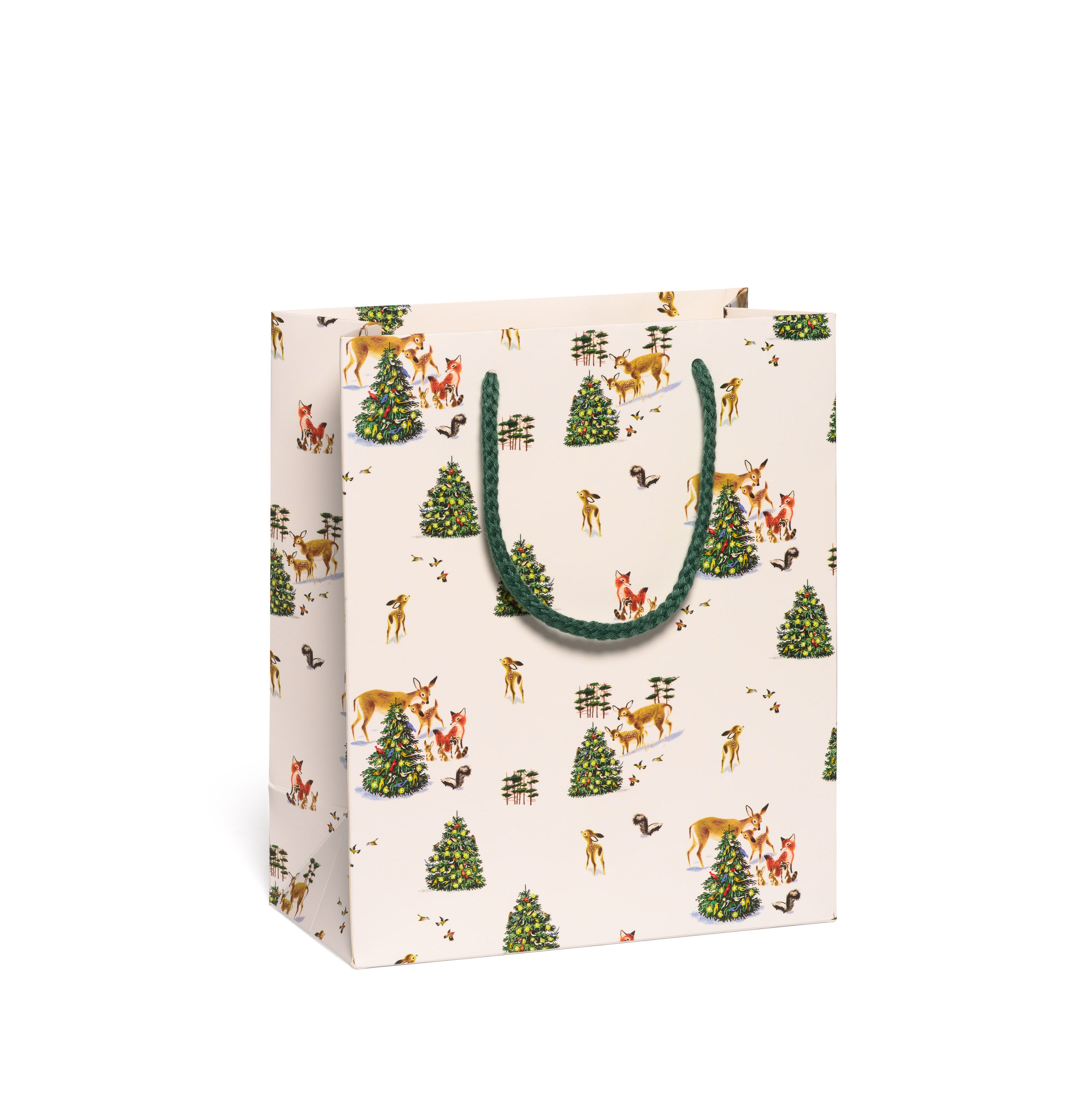 Medium Christmas themedGift bag with forest animal pattern on a white background.