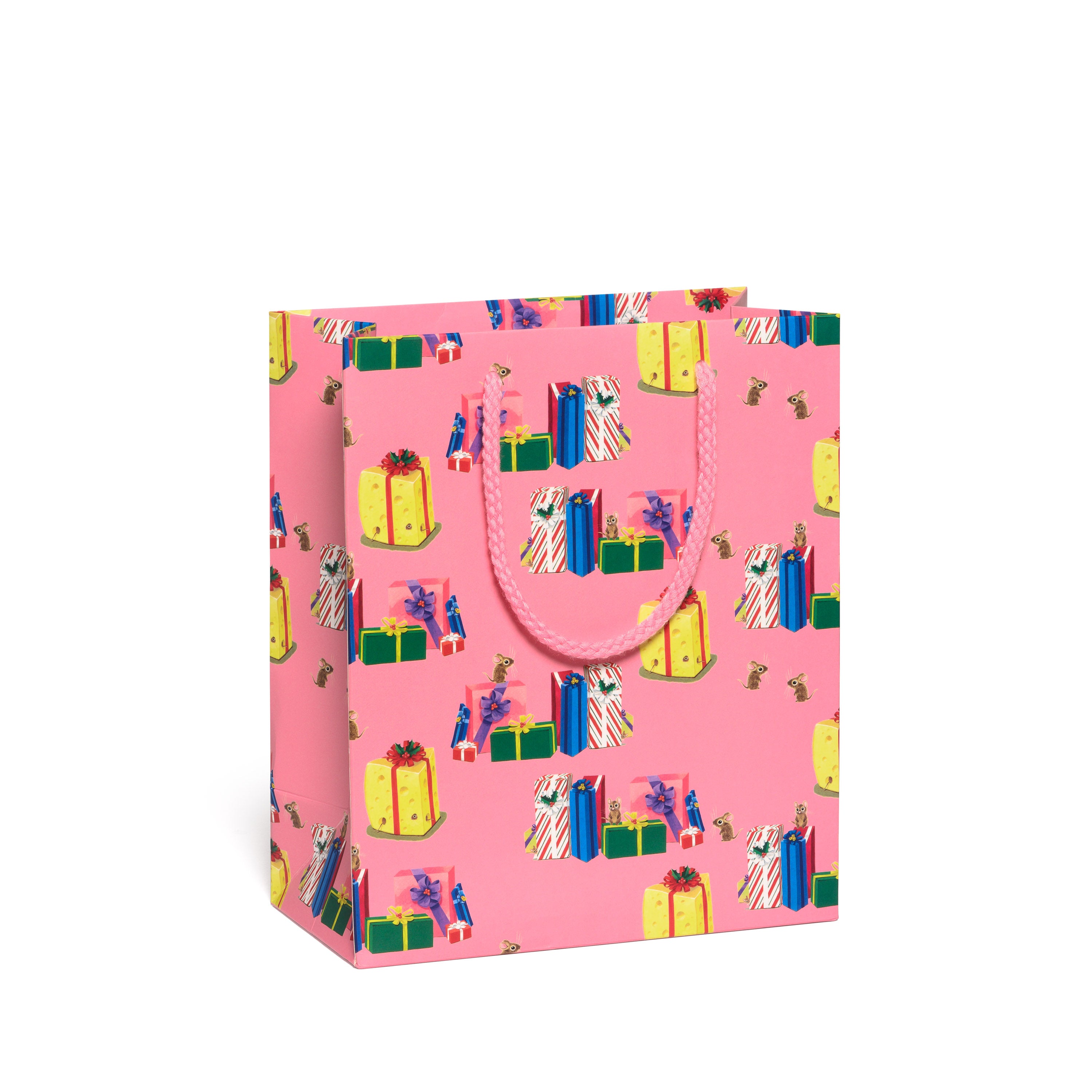 Small pink gift bag with colorful Christmas gift box pattern on a white background.