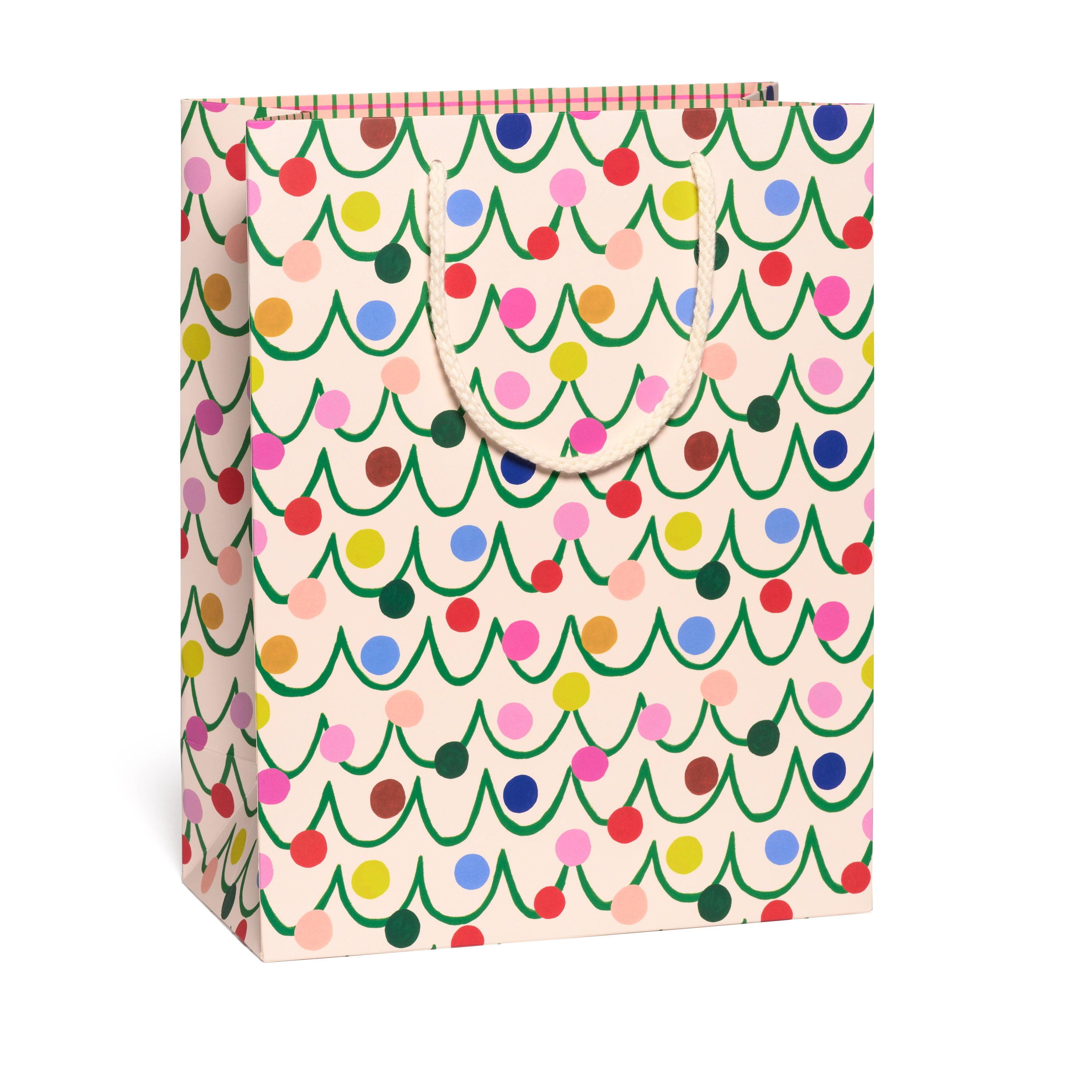 Large Gift bag with colorful Christmas tree and polka dot pattern on a white background.