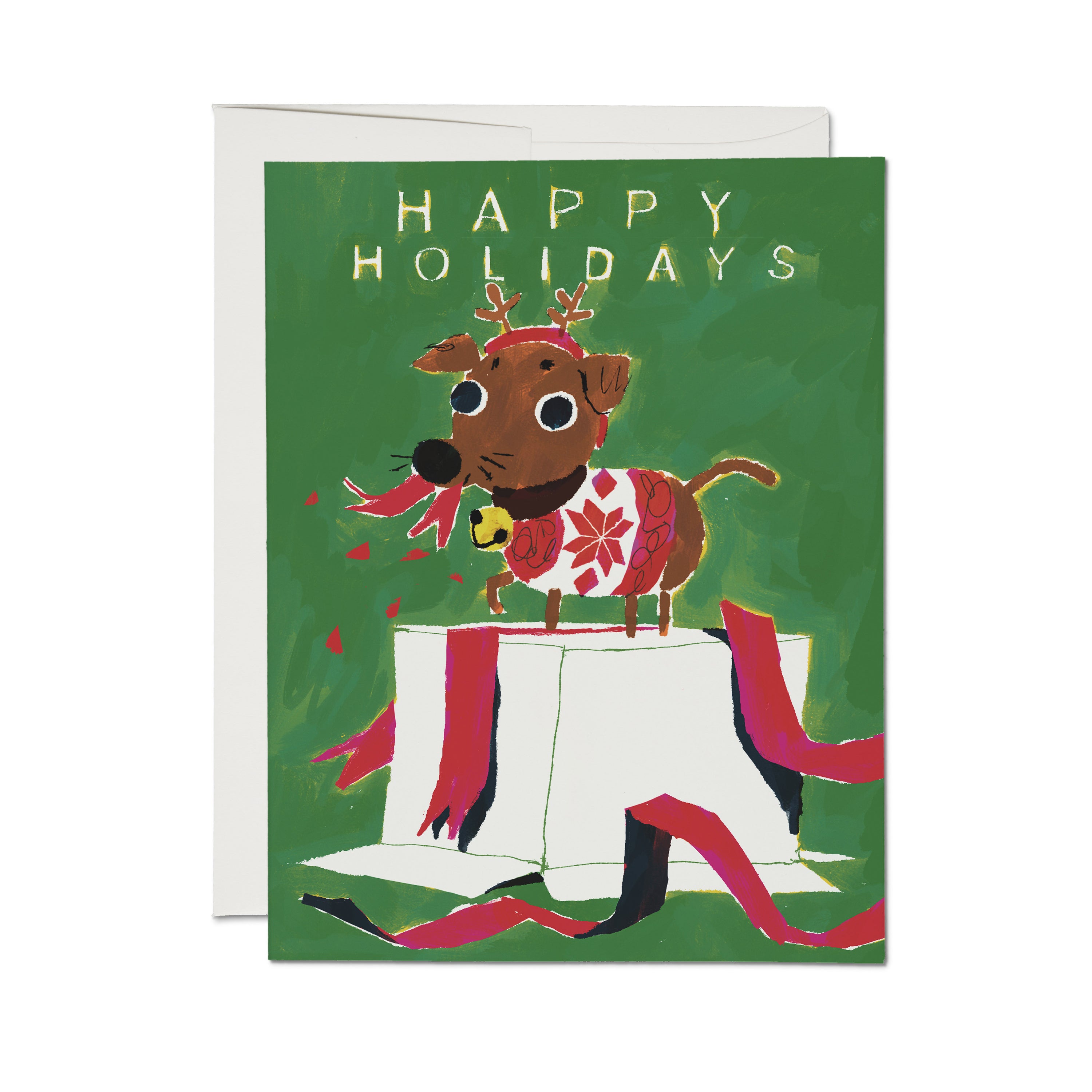Christmas card with cartoon dog wearing antlers and sweater destroying a present with 'Happy Holidays' text on green background.