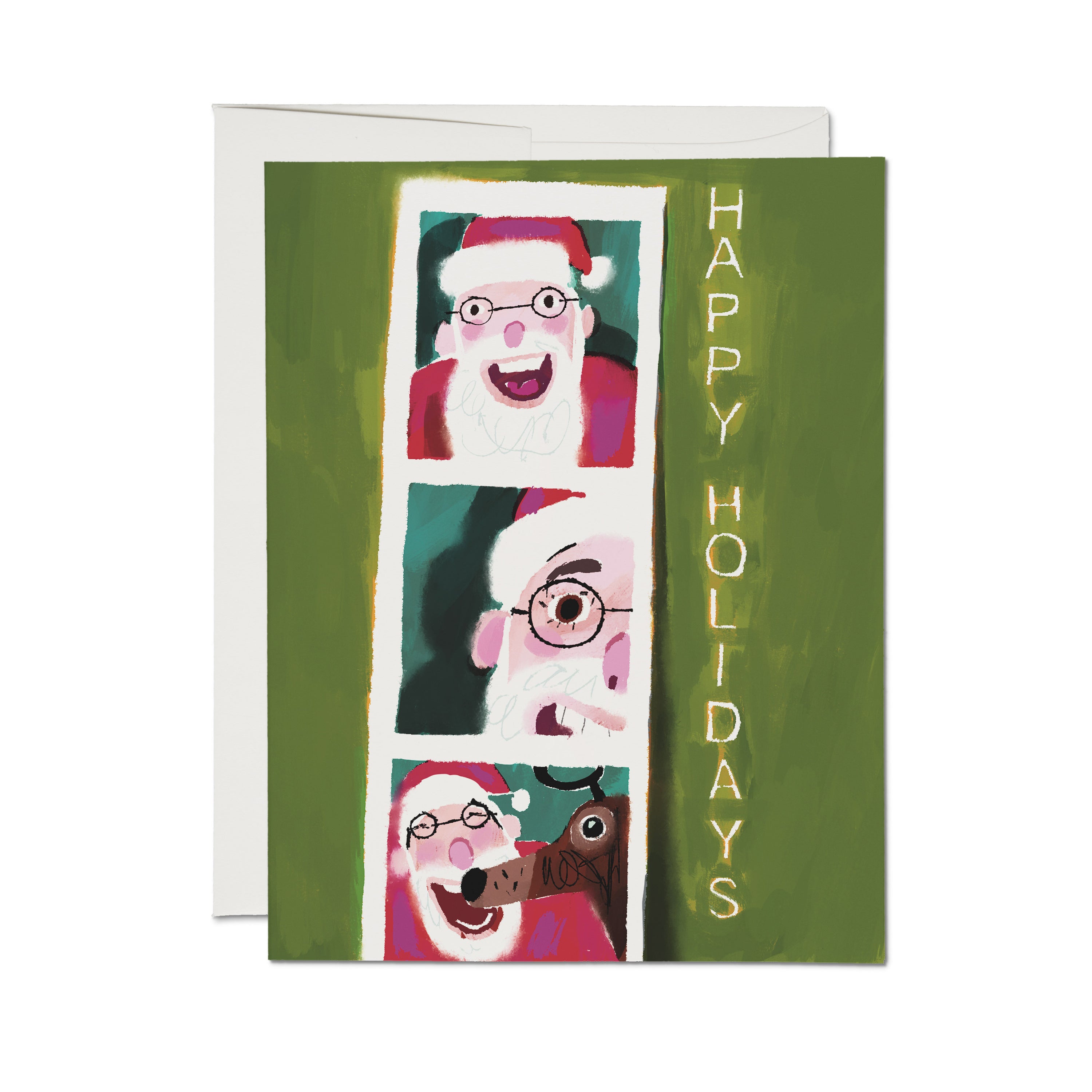 Greeting card with cartoon Santa and reindeer in a photo booth and 'Happy Holidays' text on green background.