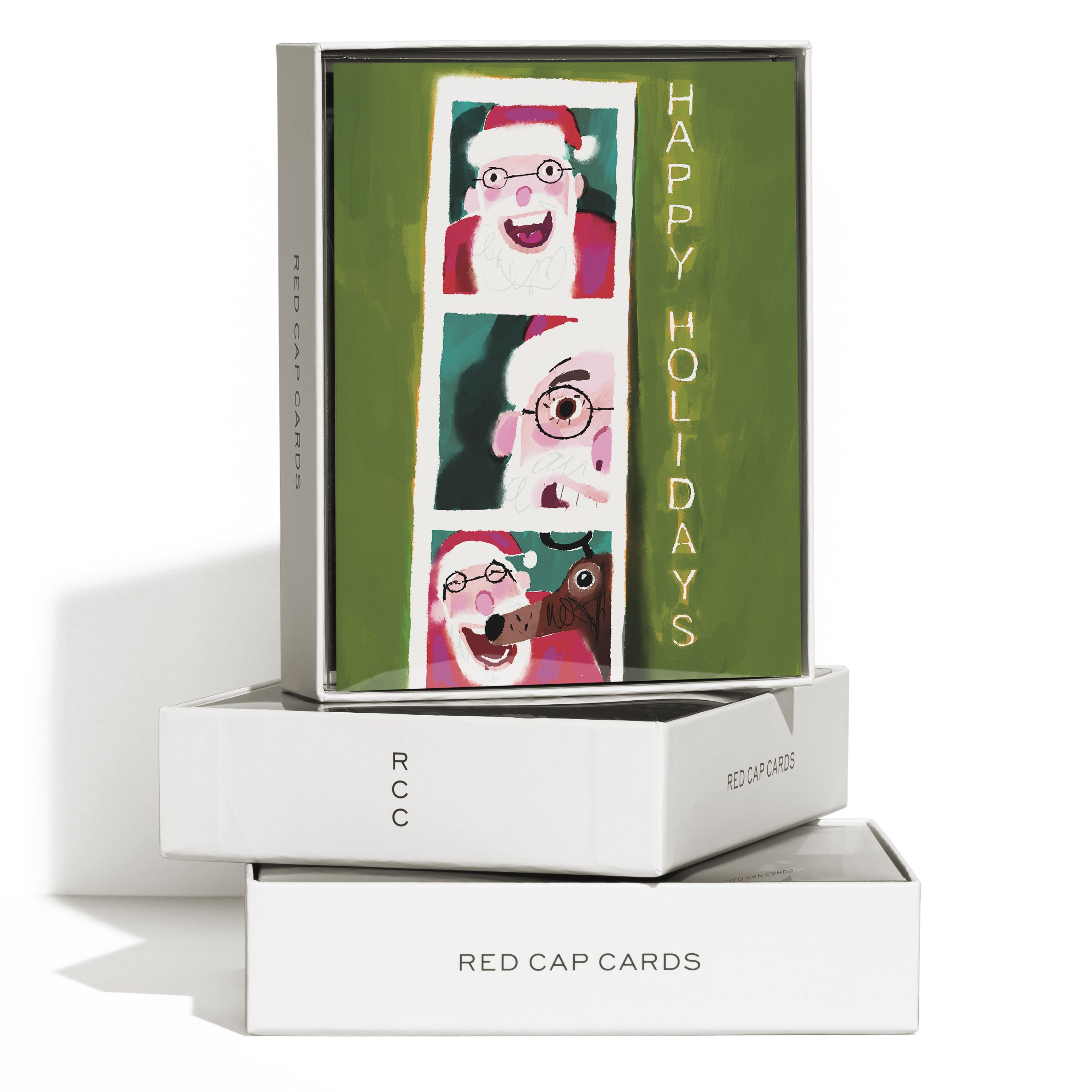 Set of 8 Greeting cards with cartoon Santa and reindeer in a photo booth and 'Happy Holidays' text on green background.