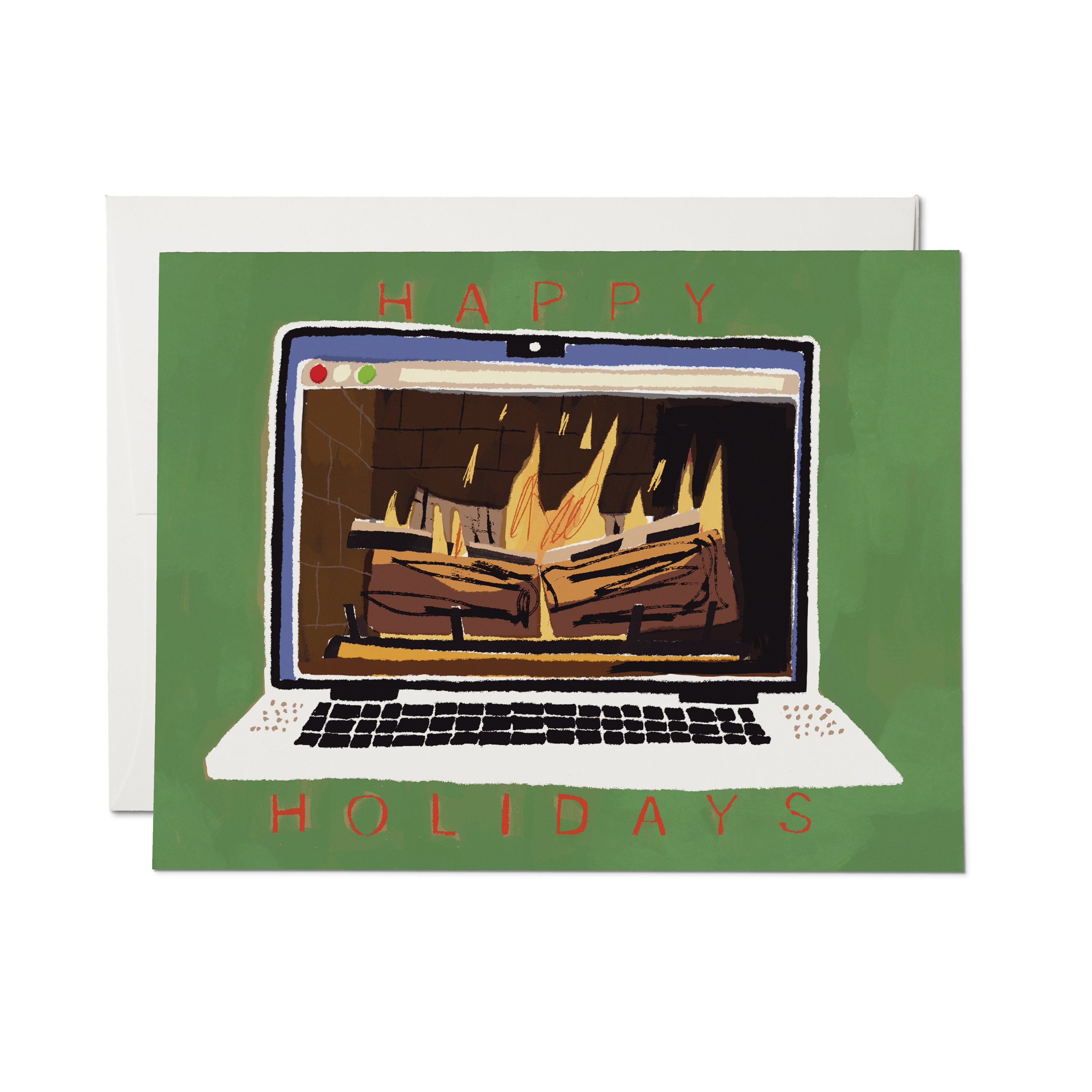 Greeting Card with illustrated yule log on laptop screen and red 'Happy Holidays' text on green background.