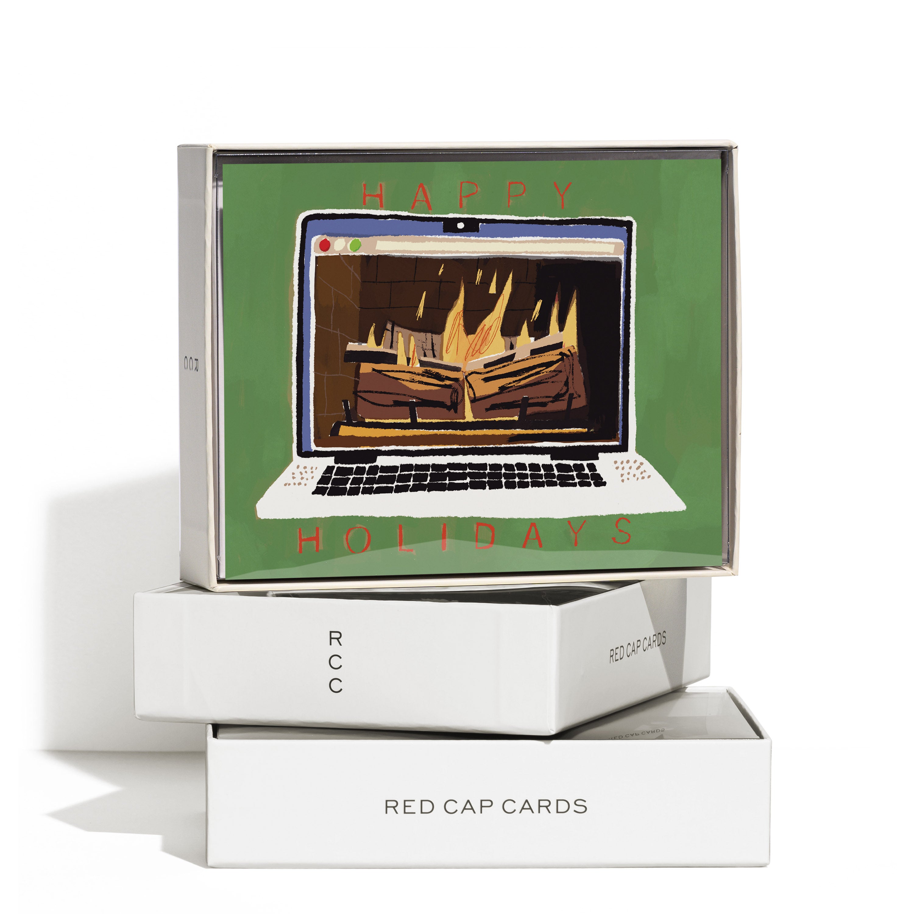 Boxed set of 8 Greeting Cards with illustrated yule log on laptop screen and red 'Happy Holidays' text on green background.
