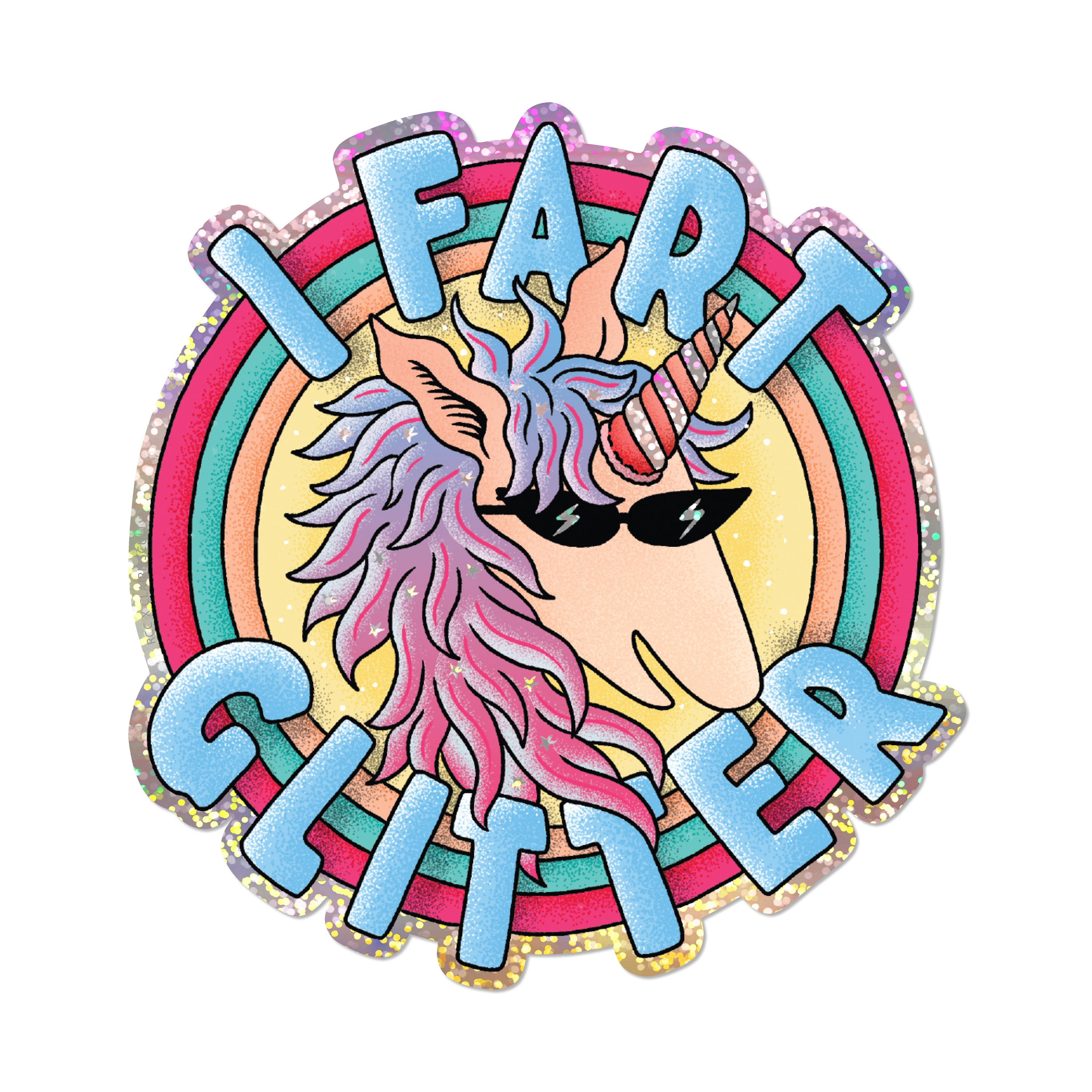 Colorful graphic sticker with a unicorn in sunglasses and rainbow text 'I Fart Glitter' on a white background.