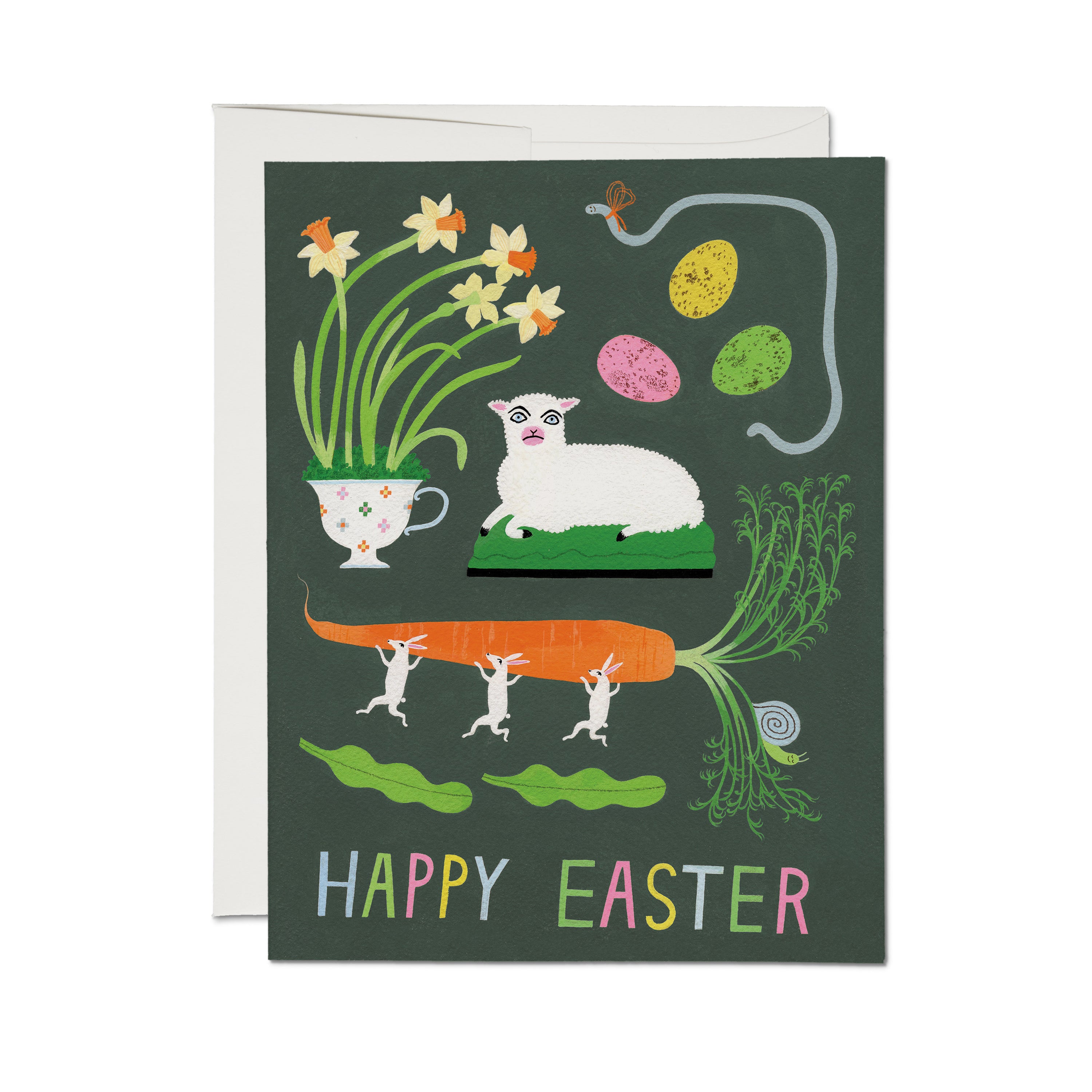 'Happy Easter' card with lamb, daffodils in a teacup, eggs, snail, and bunnies carrying a carrot on a dark green background.
