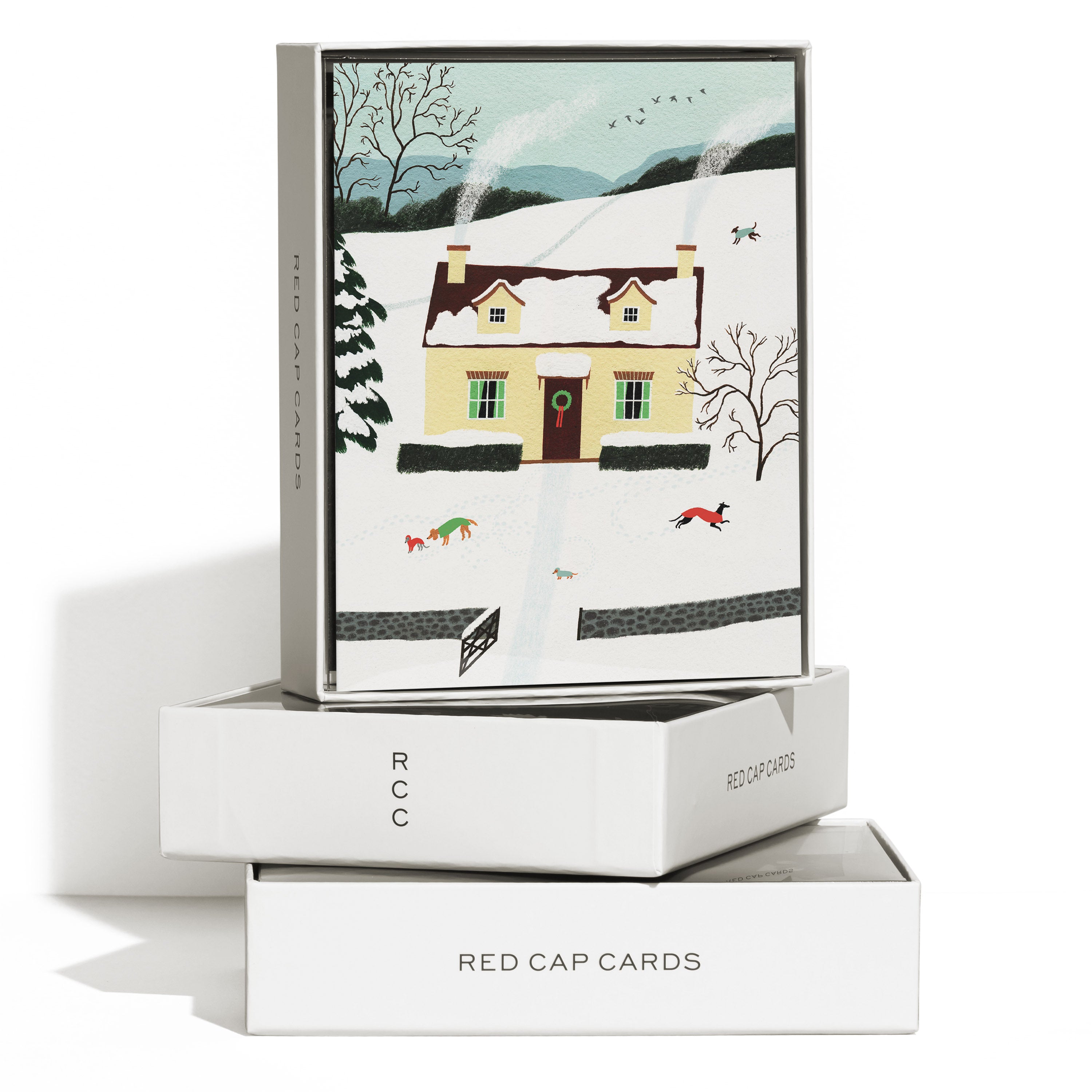 Boxed set of 8 cards, snowy yellow house, wreath, dogs in sweaters playing in snow, birds flying, winter landscape.