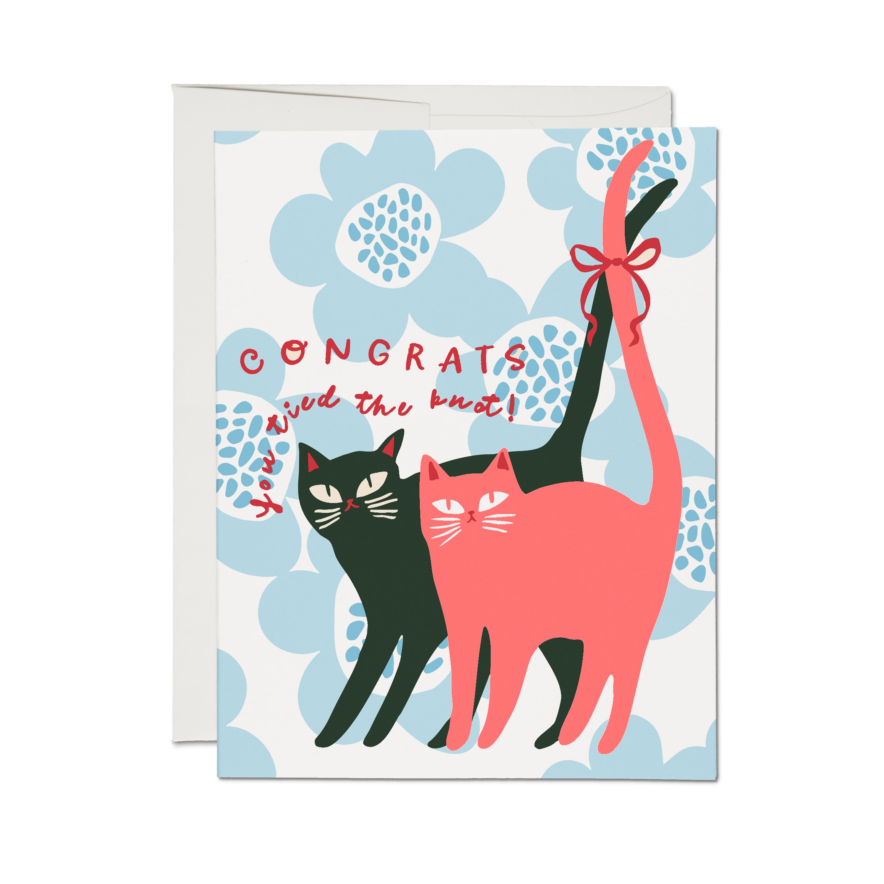 "Congrats you tied the knot" wedding card with a black and pink cat with tails tied by a ribbon on a blue floral background.