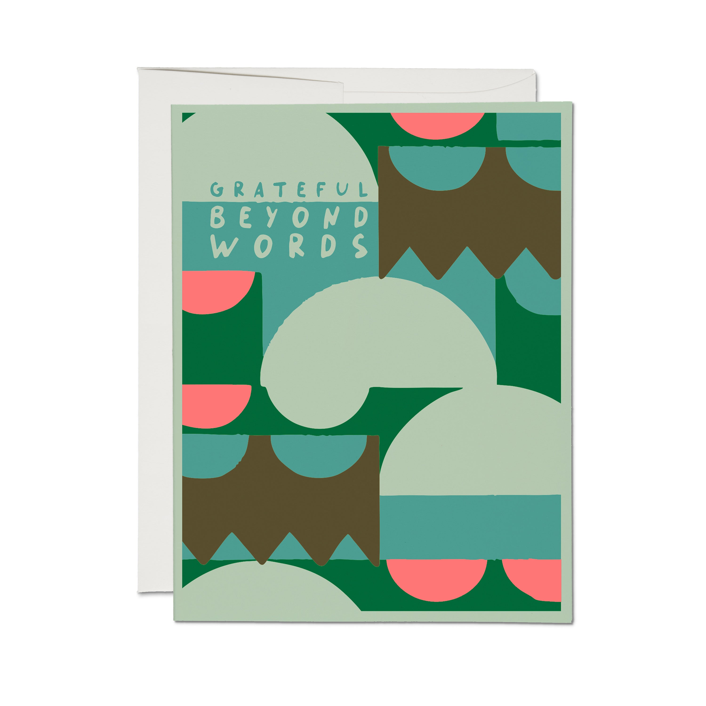 "Grateful Beyond Words" greeting card with a green, pink, brown, blue and teal pattern design.