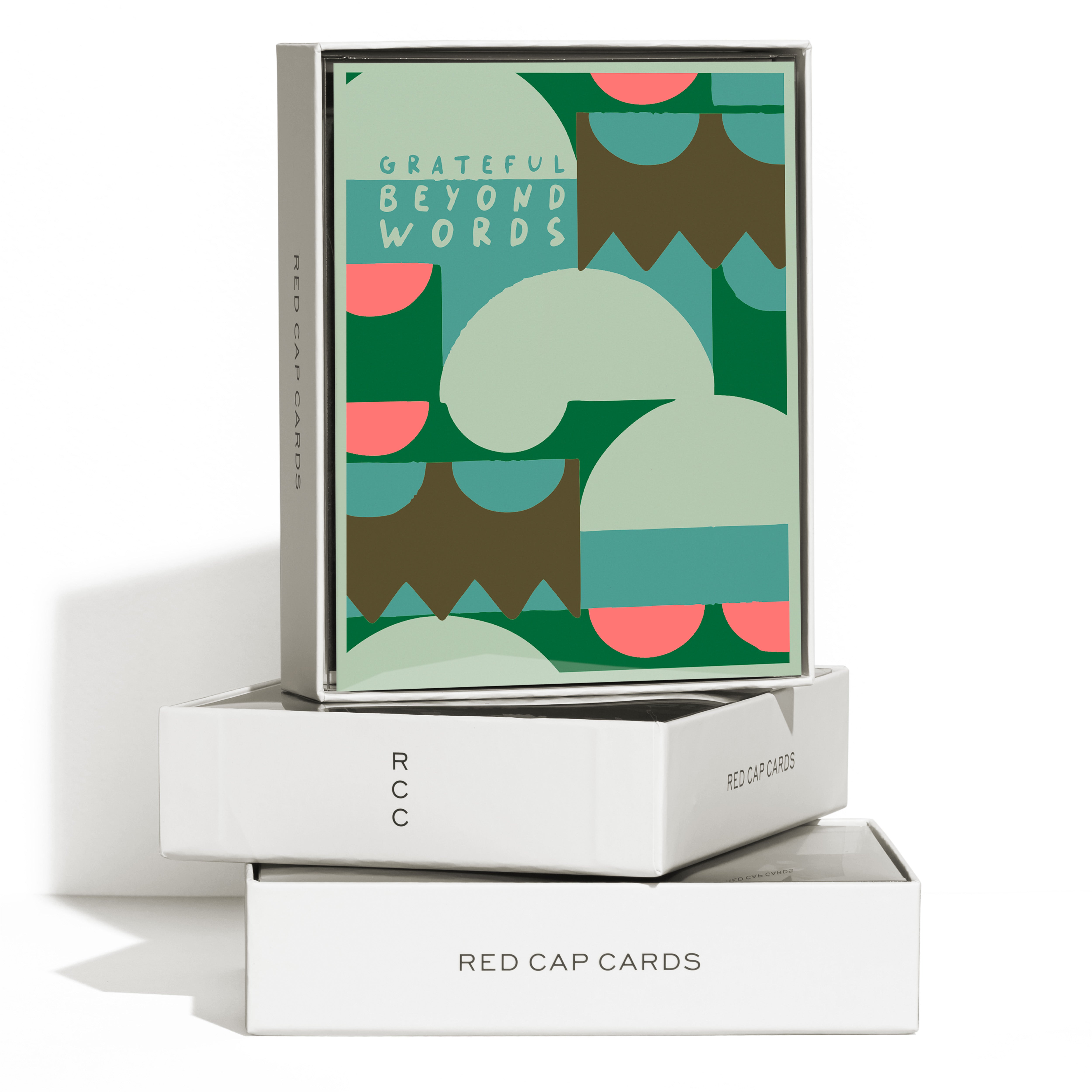 Boxed set of 8 "Grateful Beyond Words" greeting cards with a colorful abstract pattern.