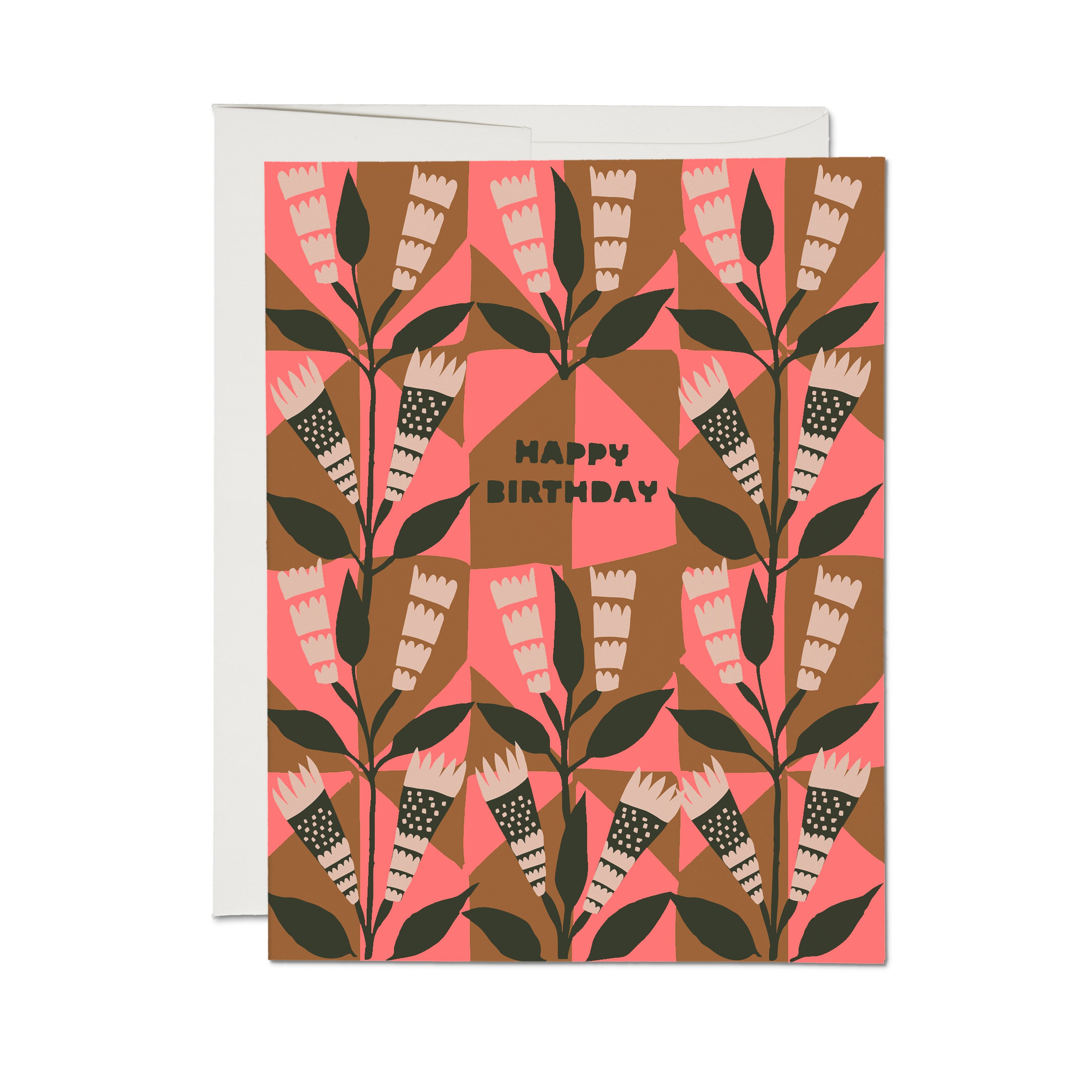 "Happy Birthday" greeting card with a repeating illustrated floral stem pattern on a pink and brown checkered background.