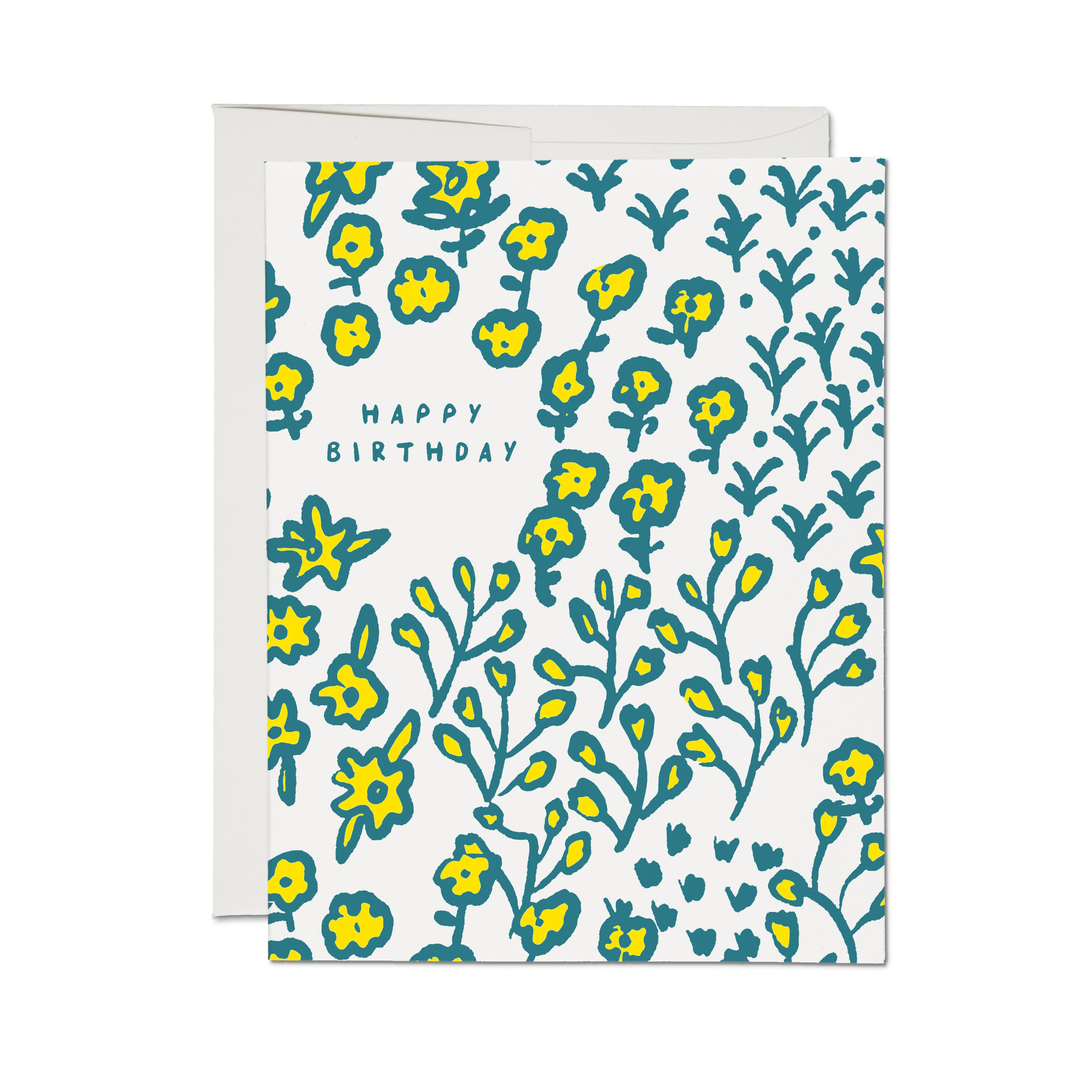 "Happy Birthday" greeting card with a field of green and yellow wildflowers on a white background.