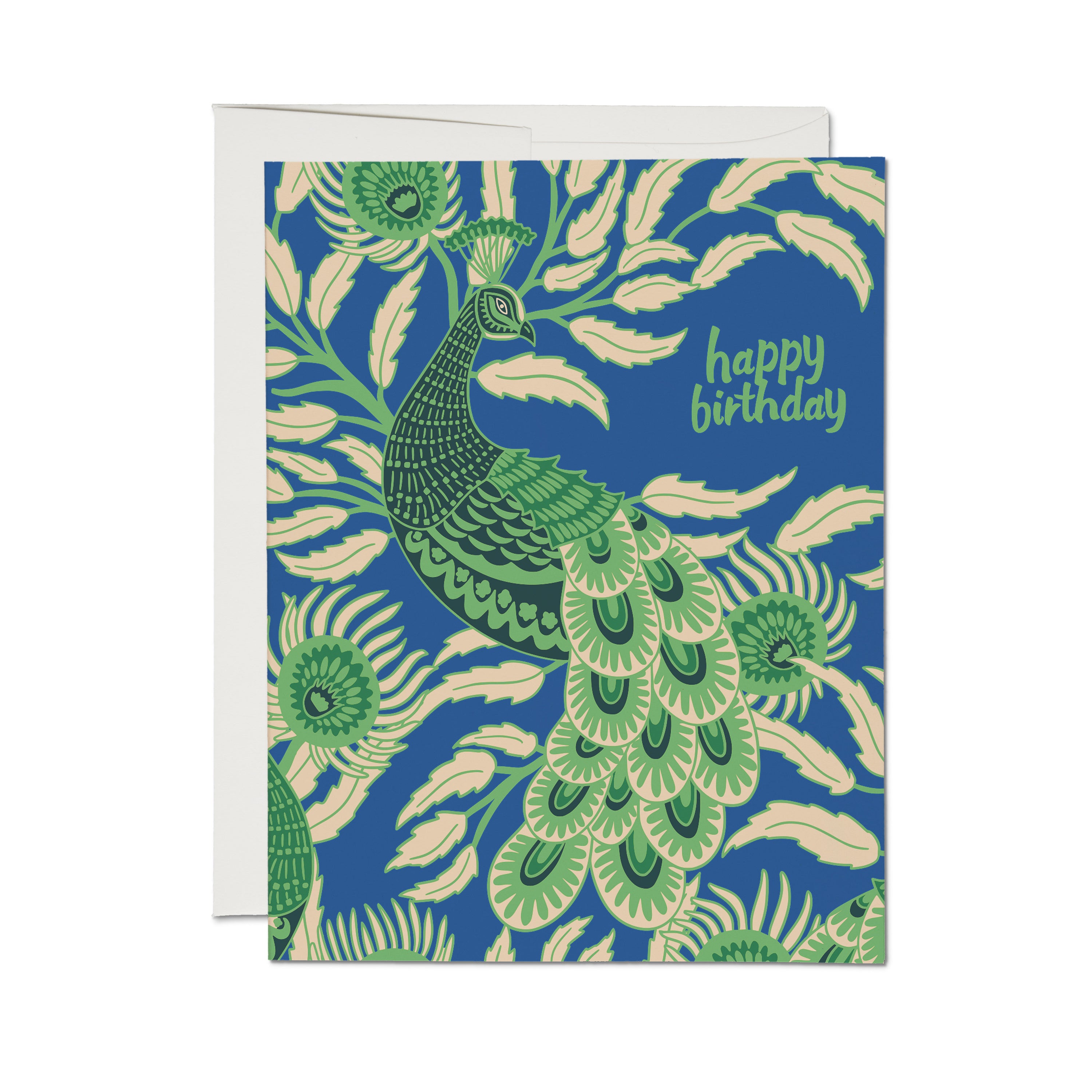 "Happy Birthday' card with a  luxurious green peacock and white floral design on a blue background.