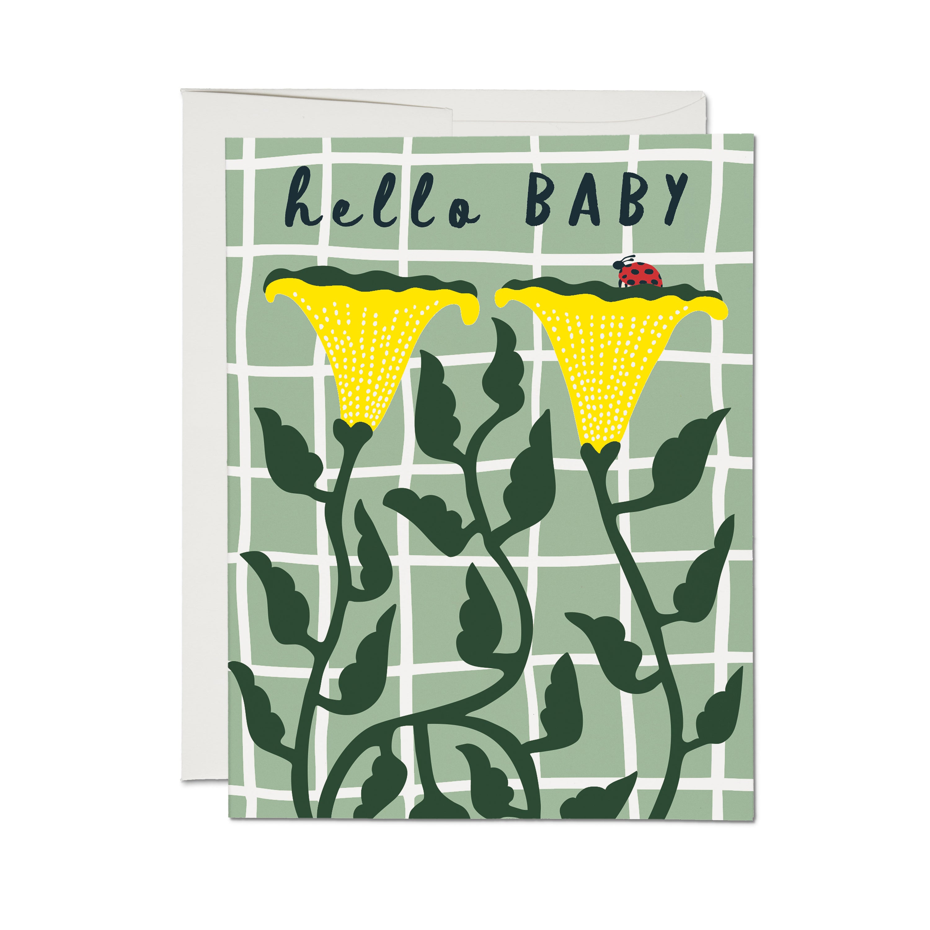 "hello BABY" greeting card with a green and yellow floral design and a ladybug on a green and white checkered pattern.