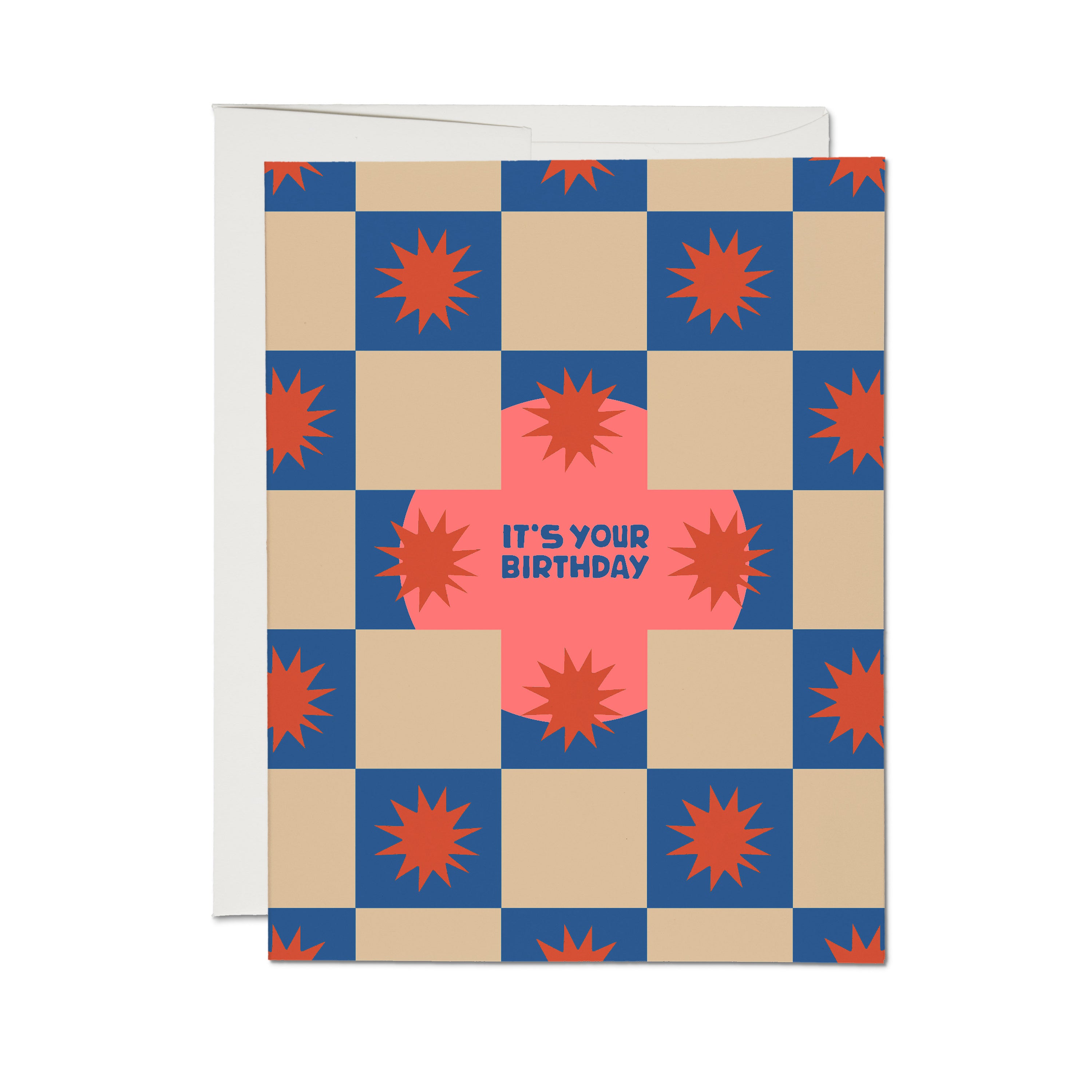 "It's Your Birthday" greeting card with a blue and tan checkerboard pattern, red starbursts, and a pink circle in the center.