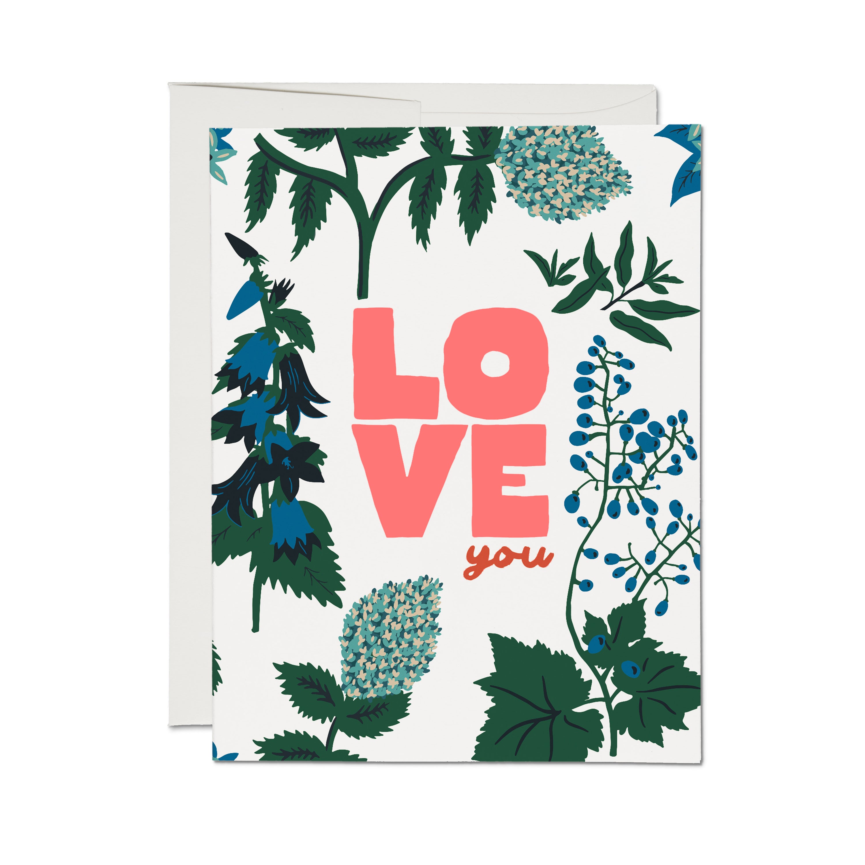 "Love You" greeting card with pink font and green, white and blue floral pattern on a white background.