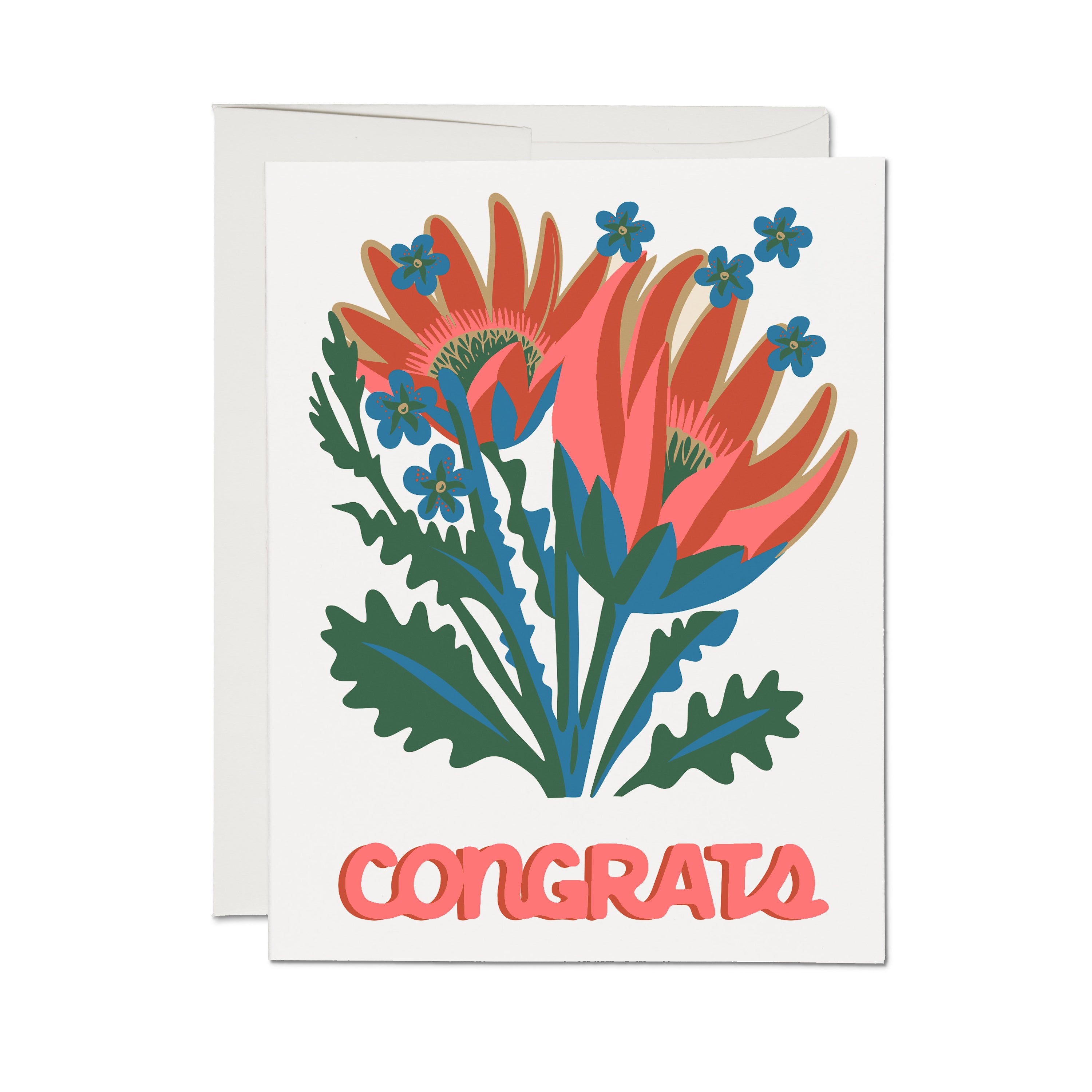 "Congrats" greeting card with an illustrated Utah flower bouquet with small blue flowers on a white background.