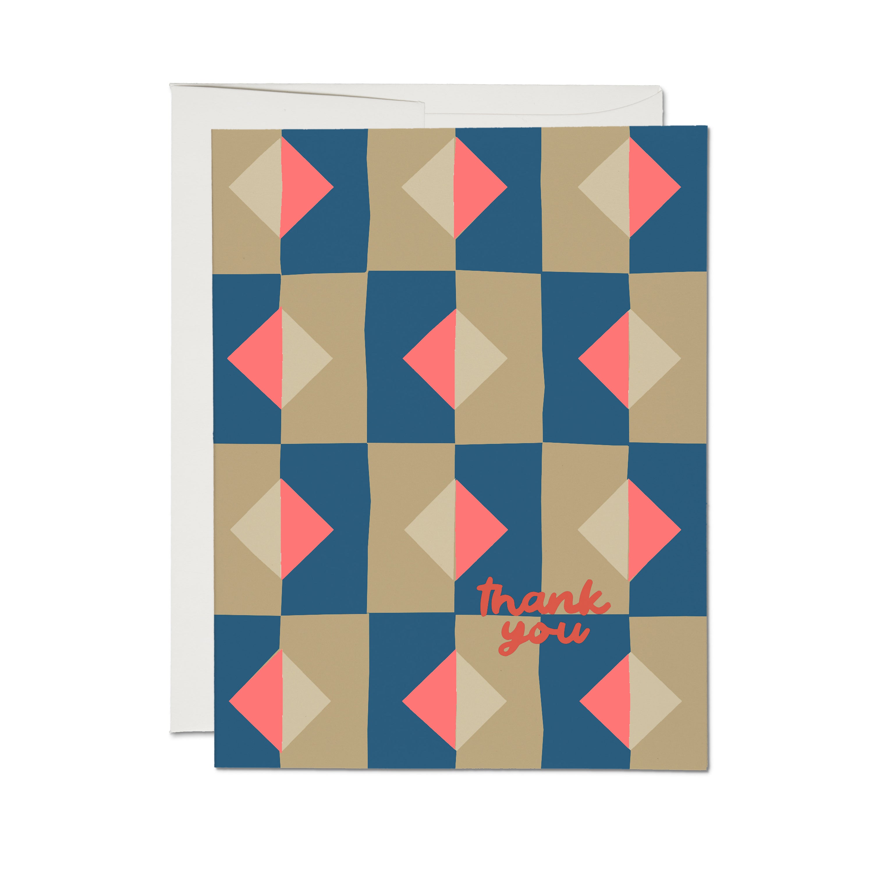 "Thank You" card with beige, pink and blue diamond and rectangle pattern.
