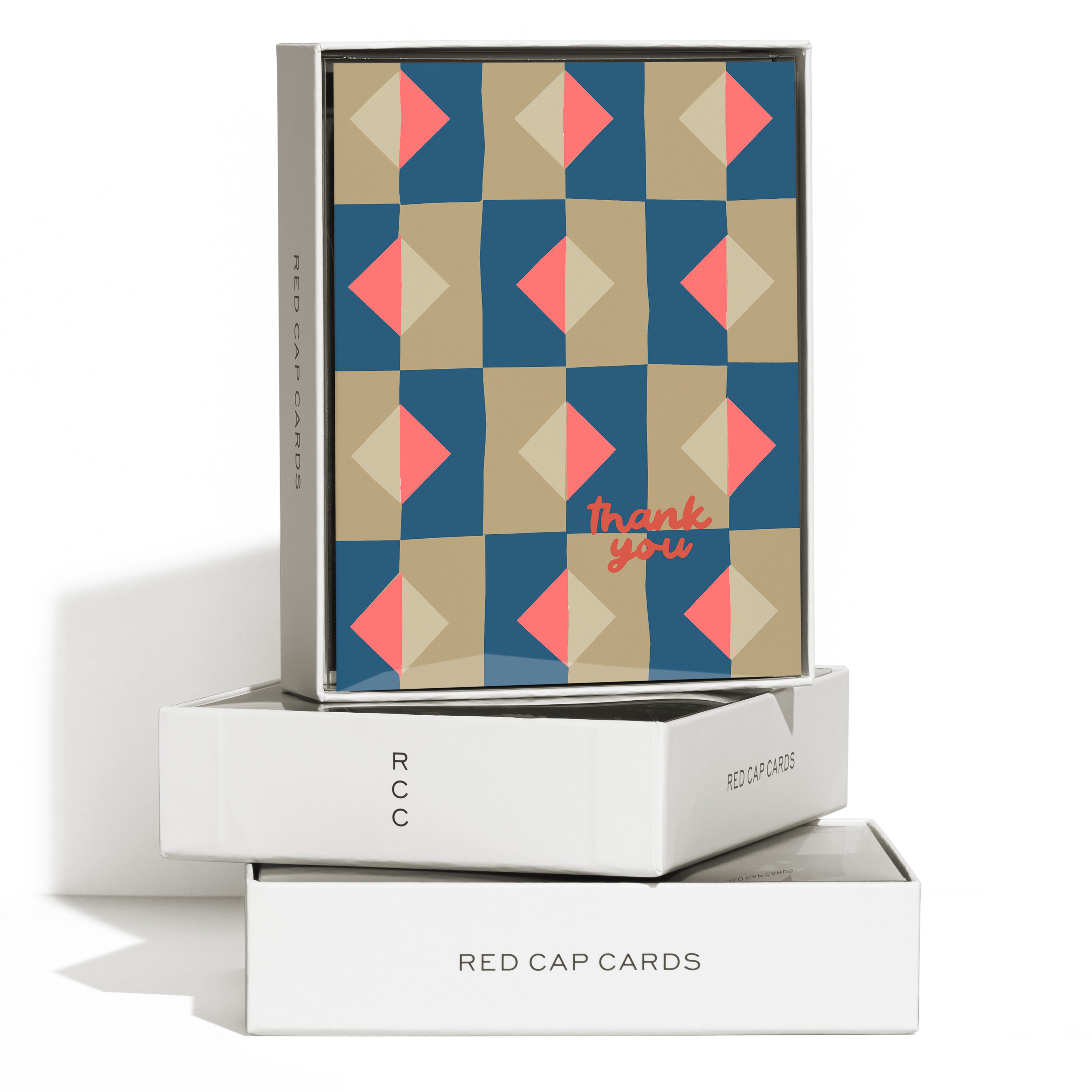 Boxed set of 8 "Thank You" cards with beige, pink and blue diamond and rectangle pattern.