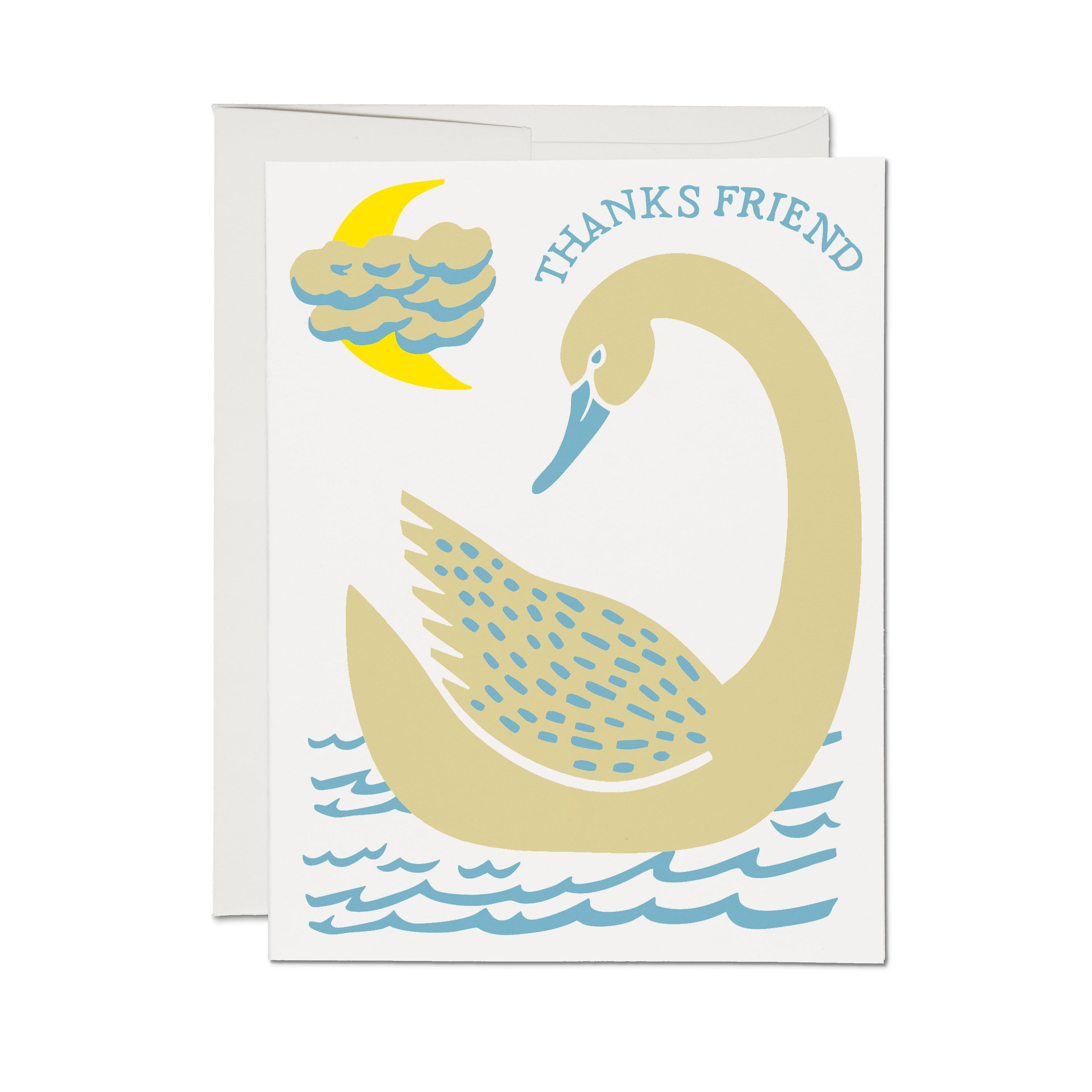 "Thanks Friend" greeting card with an illustrated gold swan on blue waves, crescent moon and cloud, on a white background.