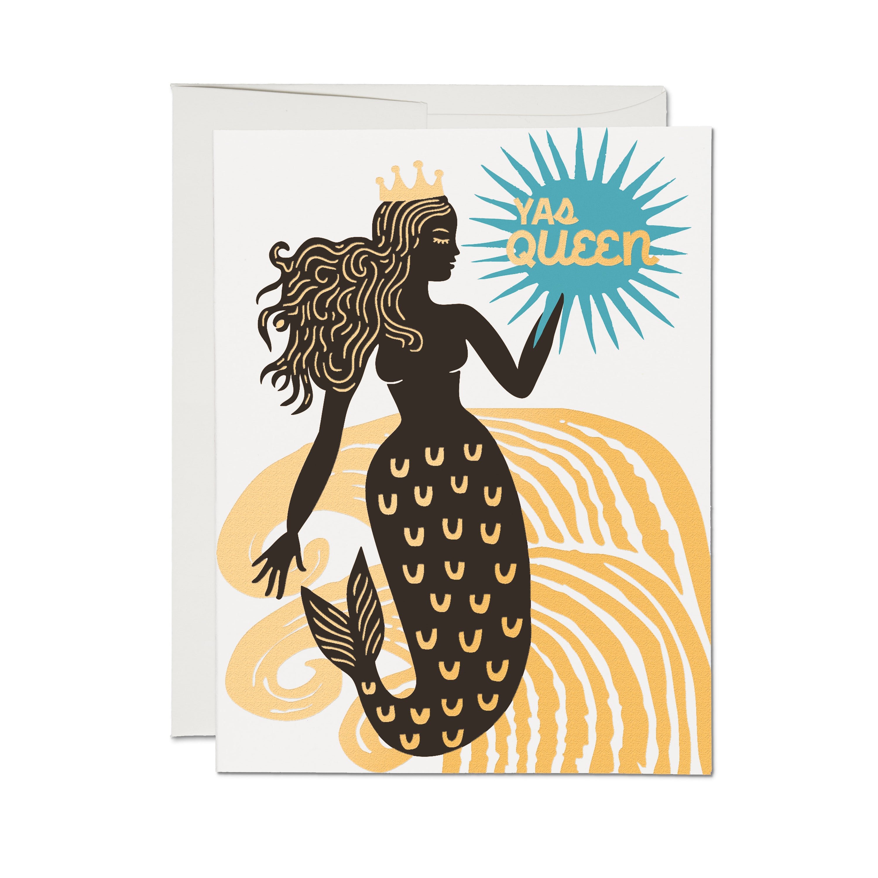 "Yas Queen" greeting card with a black and gold mermaid wearing a crown, teal starburst, on a white background.