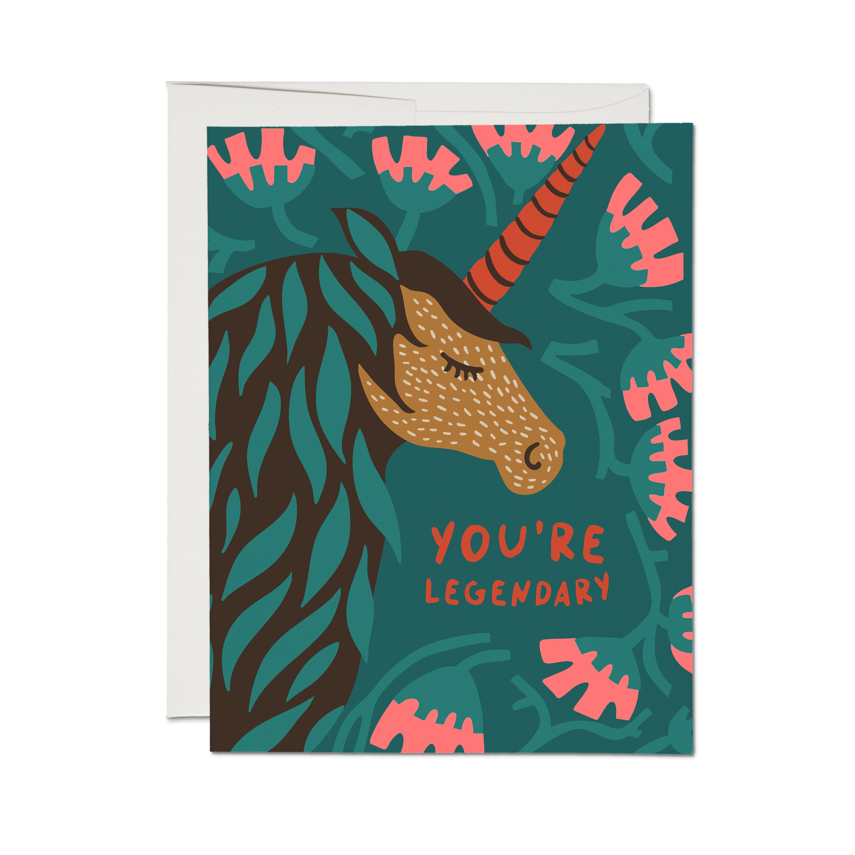 "You're Legendary" greeting card with intricately illustrated unicorn with green and pink floral background design.