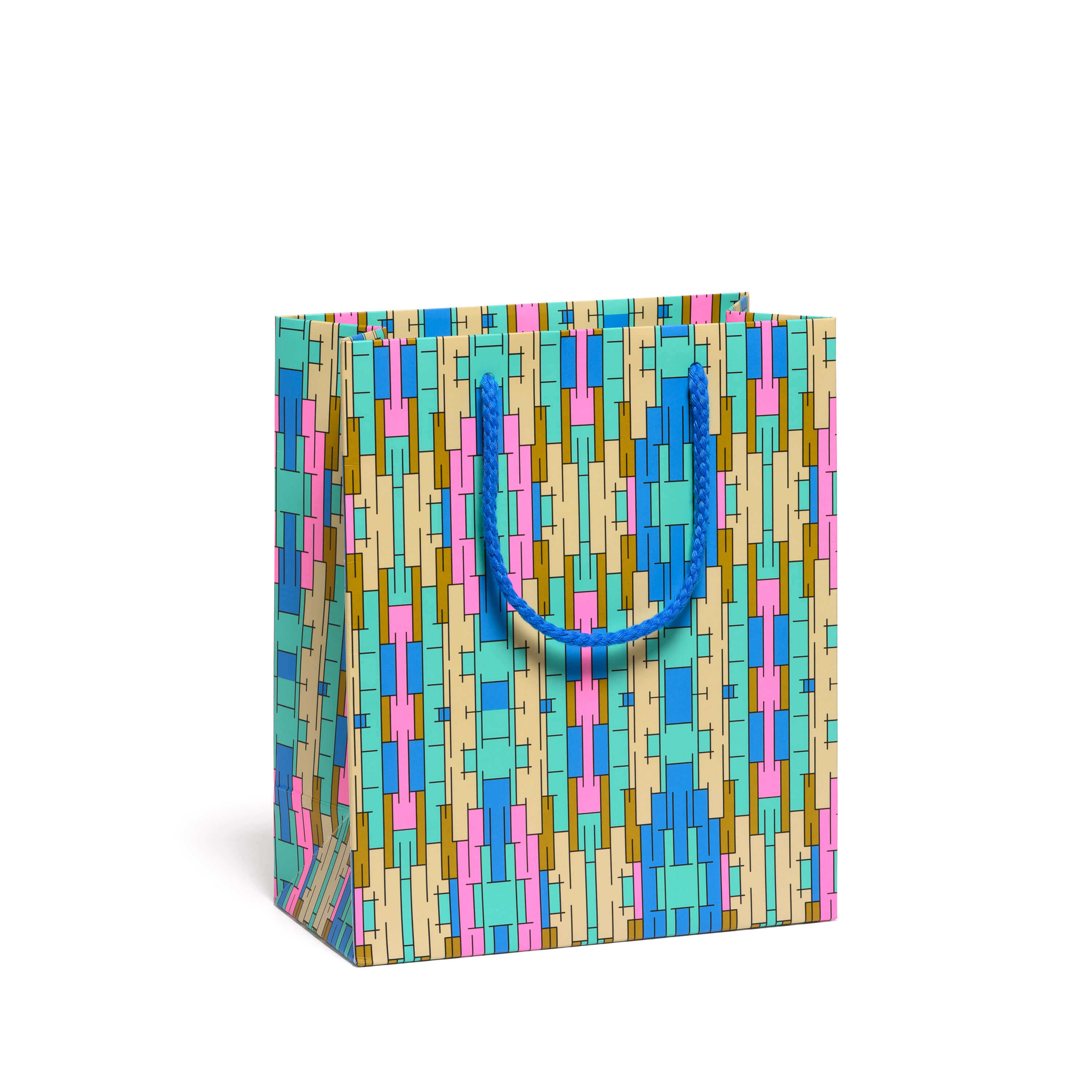 Medium sized gift bag with pink, teal, blue and tan geometric block pattern, blue rope handle.