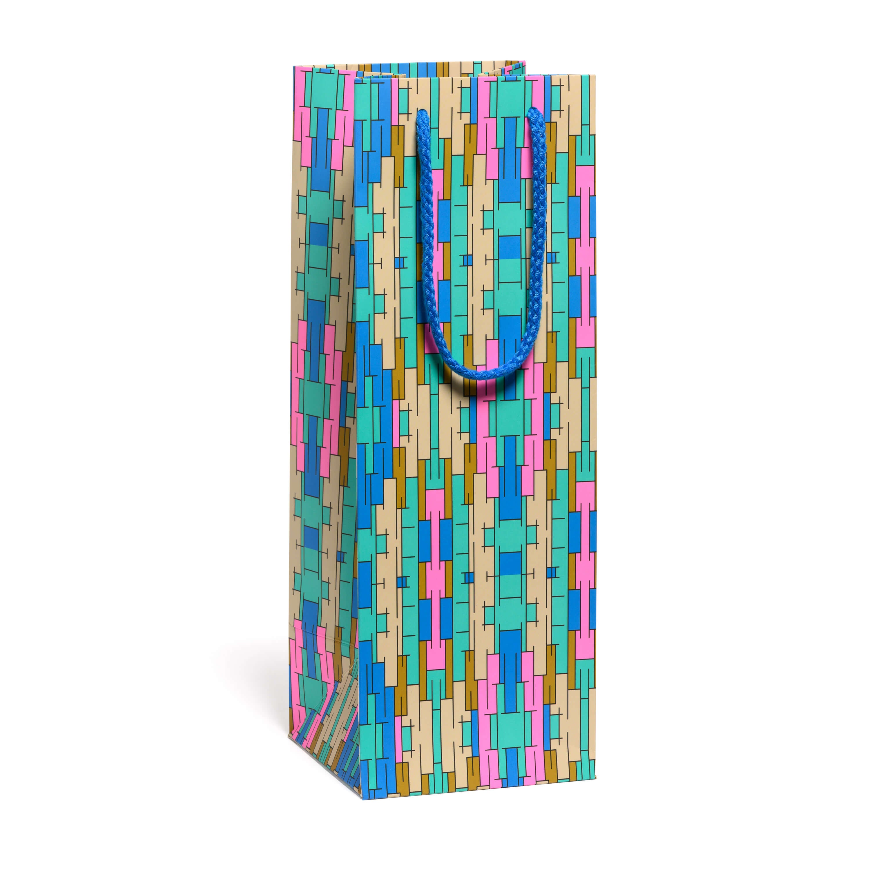 Wine gift bag with pink, teal, blue and tan geometric block pattern, blue rope handle.