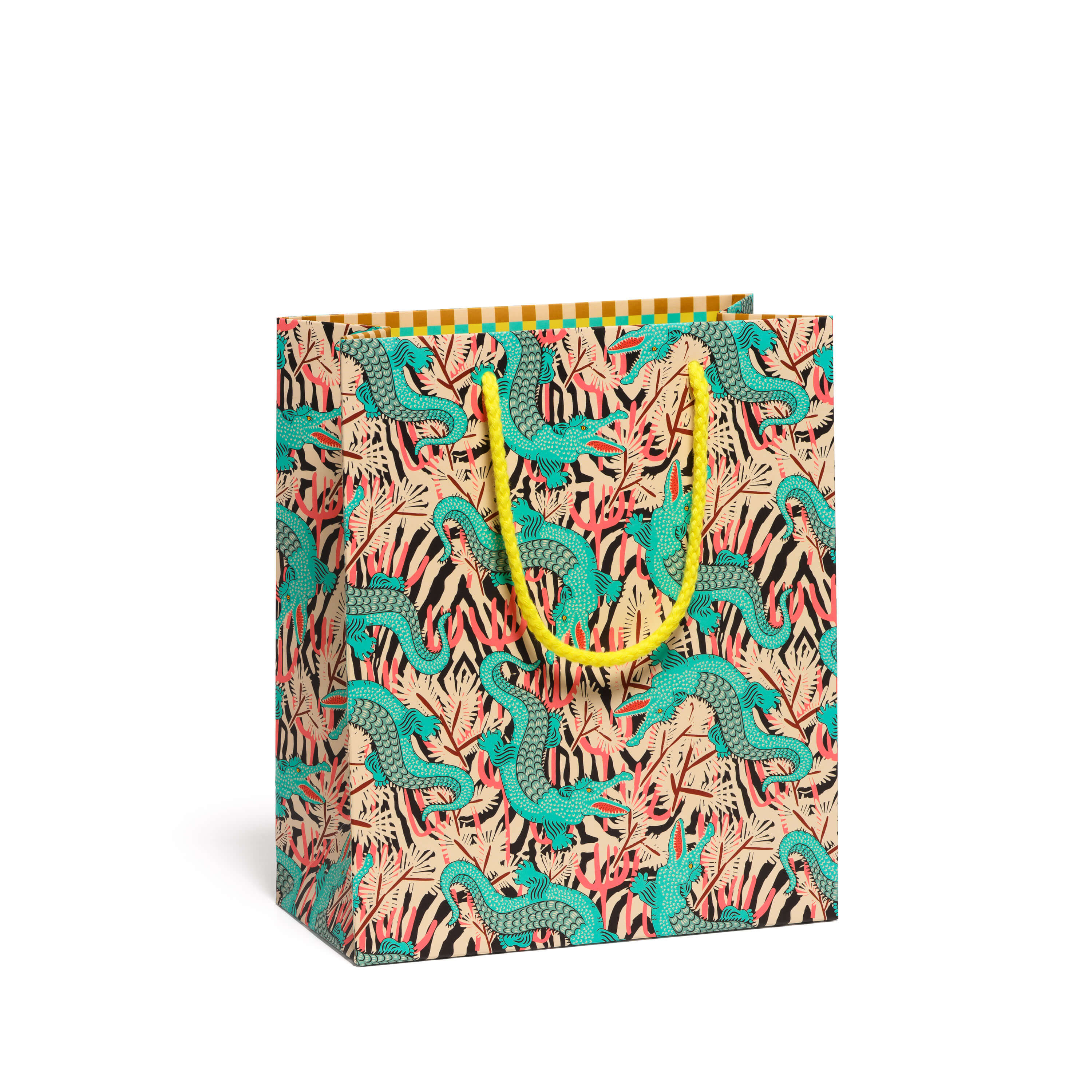 Gift bag with teal alligator and red, black and pink floral design on a white background.