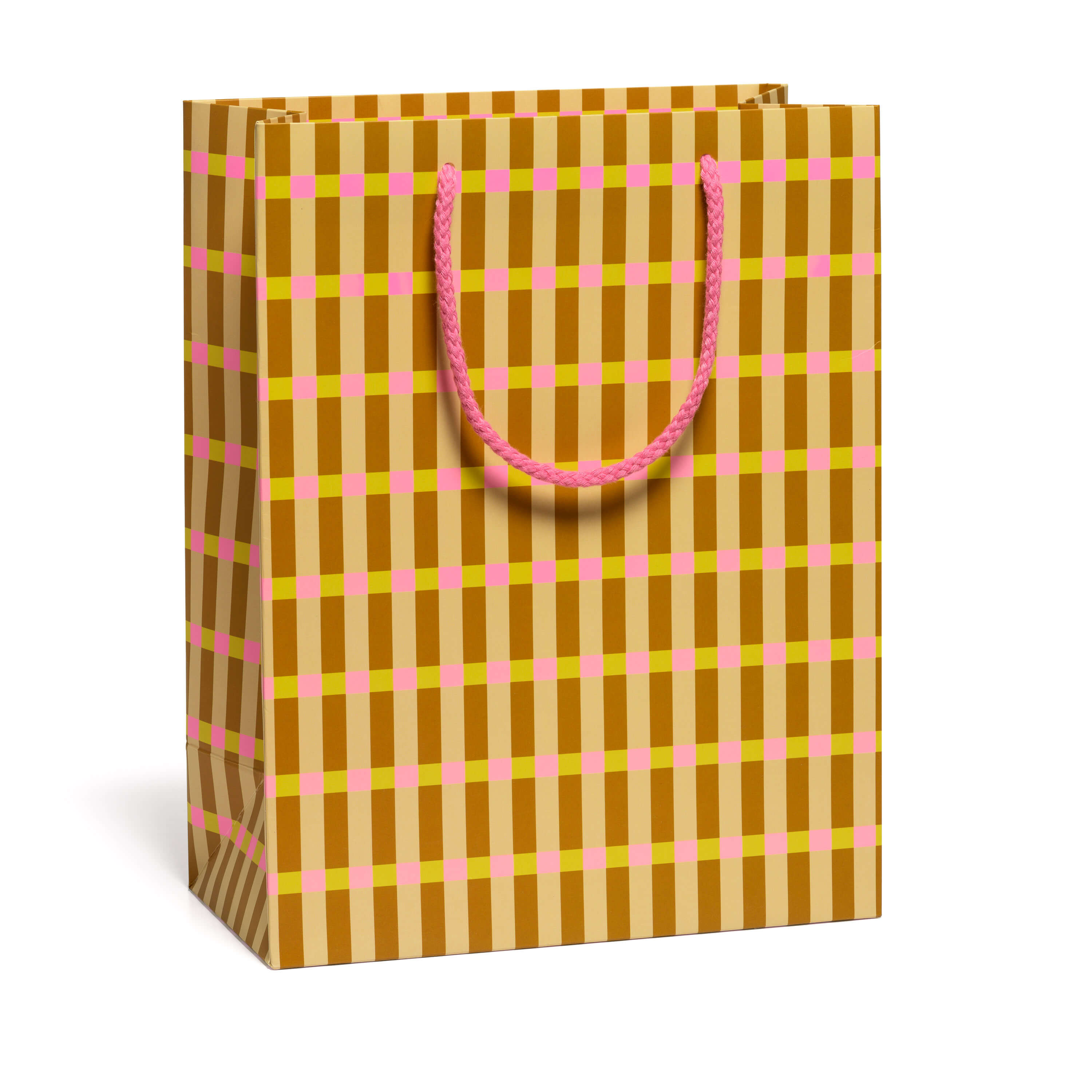 Patterned gift bag with pink, brown and yellow checkered design with pink rope handle on a white background.