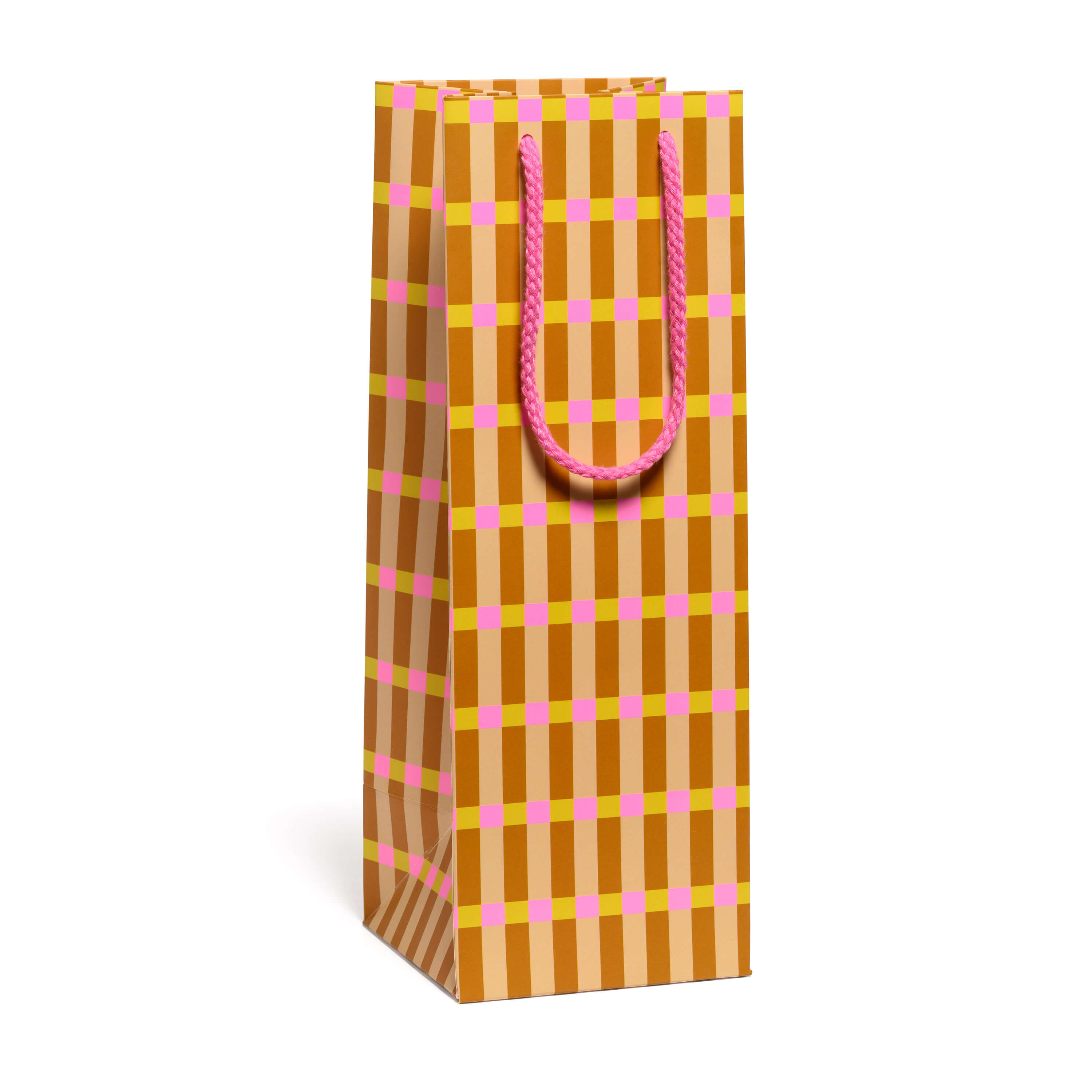 Wine bag with yellow, pink, brown and tan plaid pattern and pink handle on a white background.