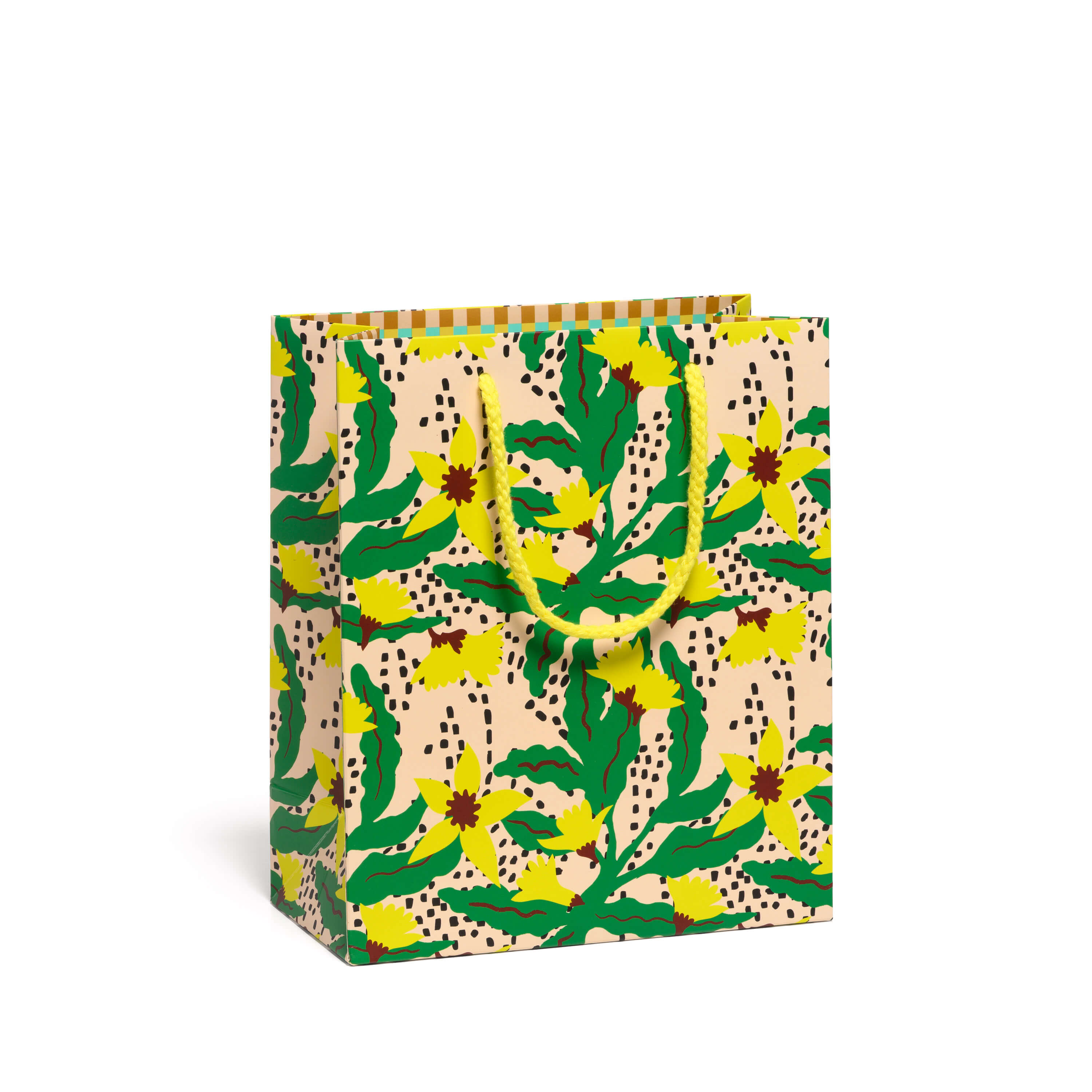 Gift bag with a green and yellow daffodil pattern with a yellow rope handle on a white background.