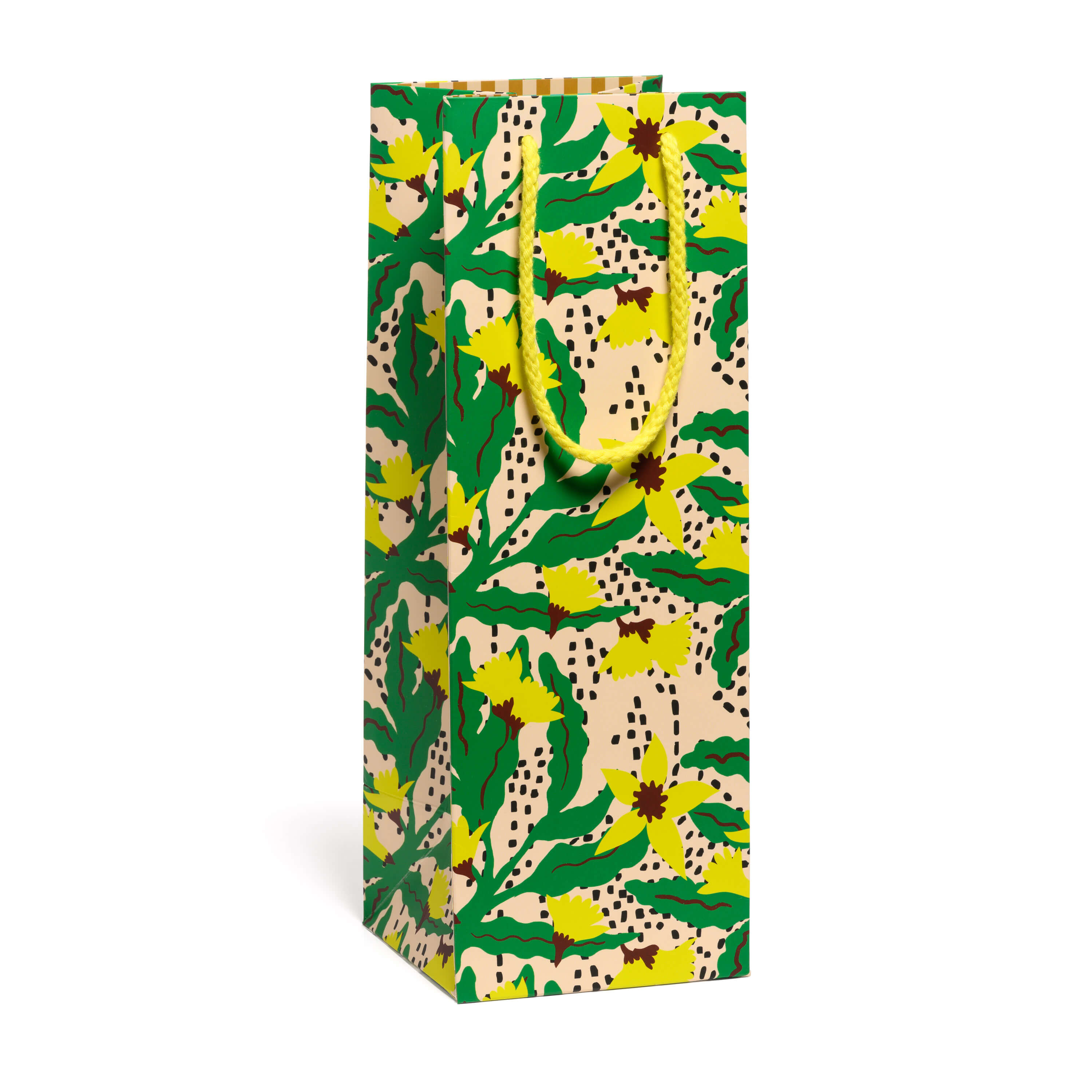 Wine bag with a green and yellow daffodil pattern and yellow rope handle on a white background.