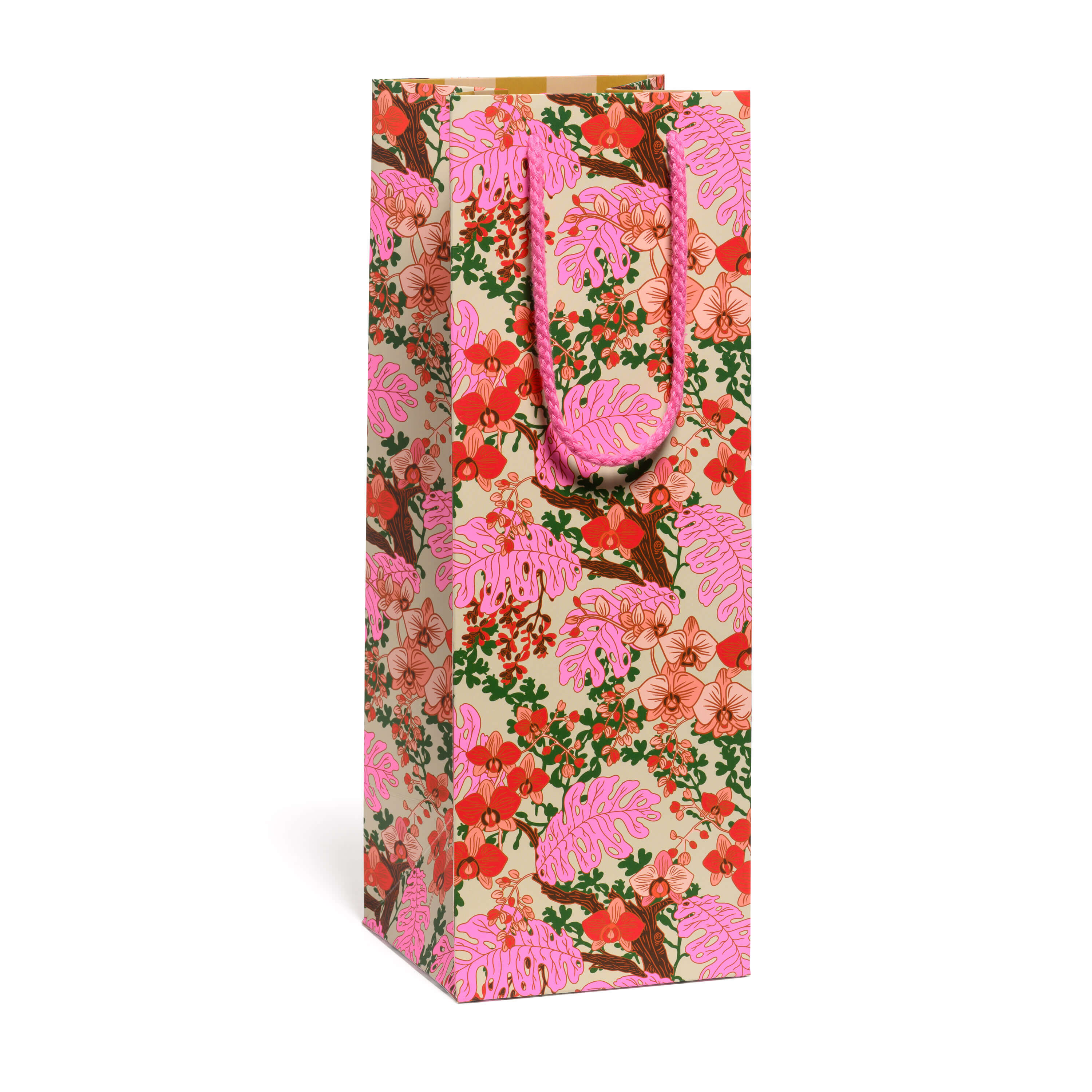 Floral patterned wine bottle bag with pink handles on a white background