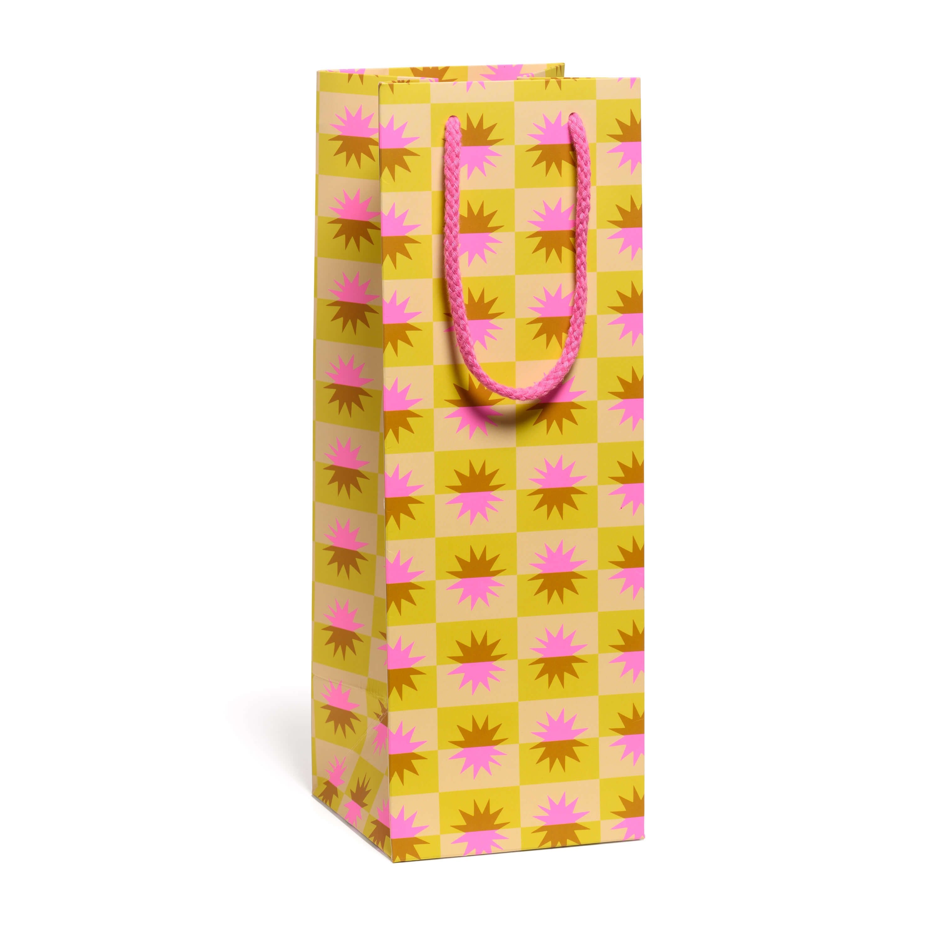 Wine bag with yellow, brown and pink checker pattern and starburst design with a pink rope handle.