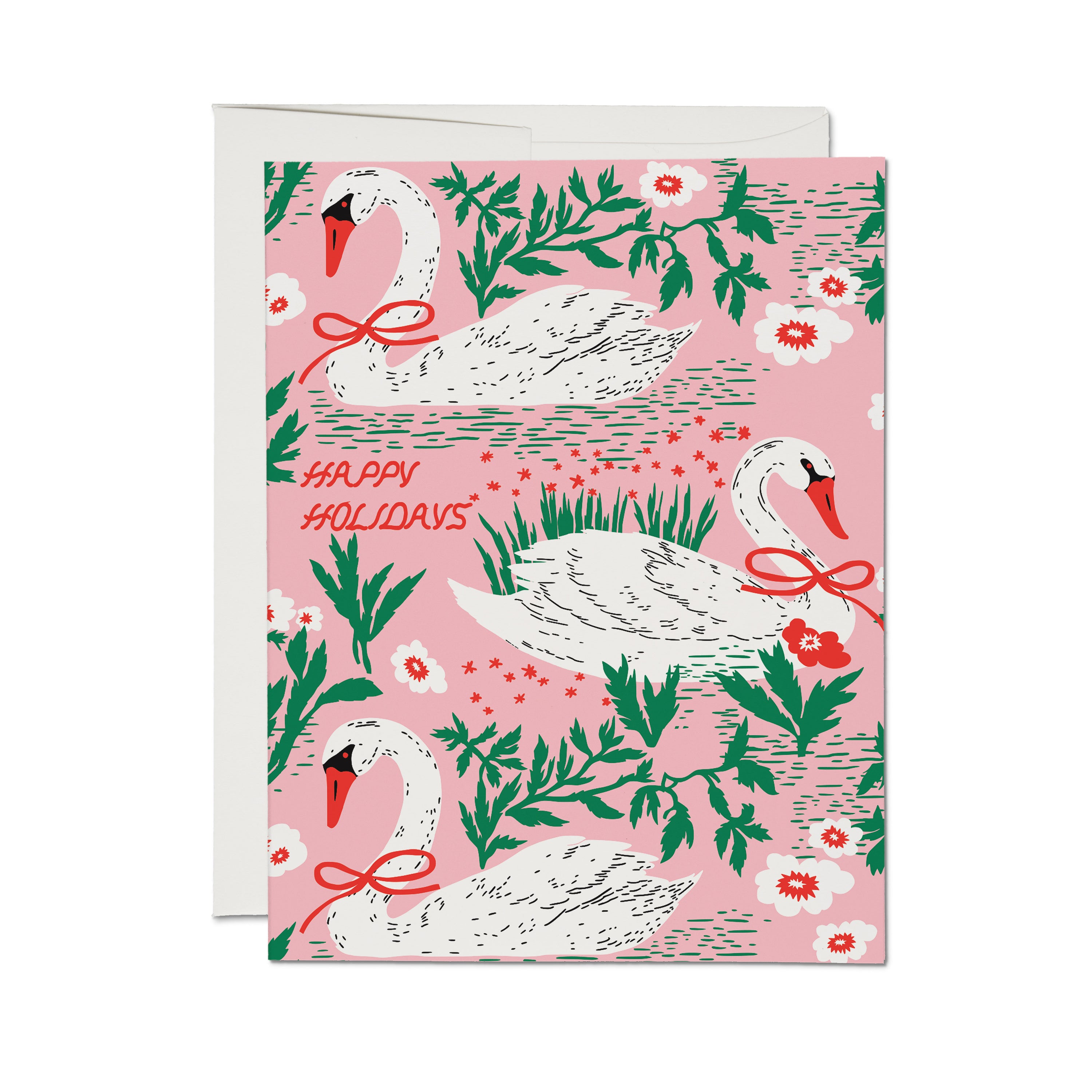 Christmas card with 3 illustrated white swans wearing red bows in a pink body of water with lilies and 'Happy Holidays' text.