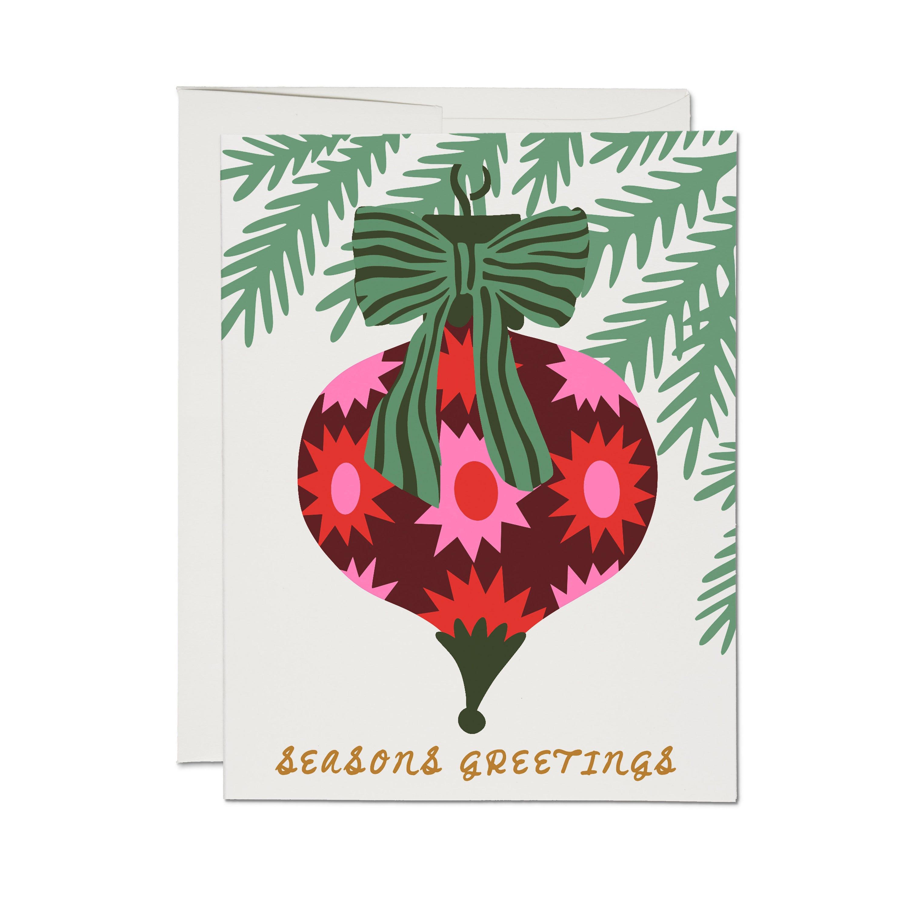 Christmas card with illustrated colorful geometric tree ornament on green branch with 'Seasons Greetings' gold text.
