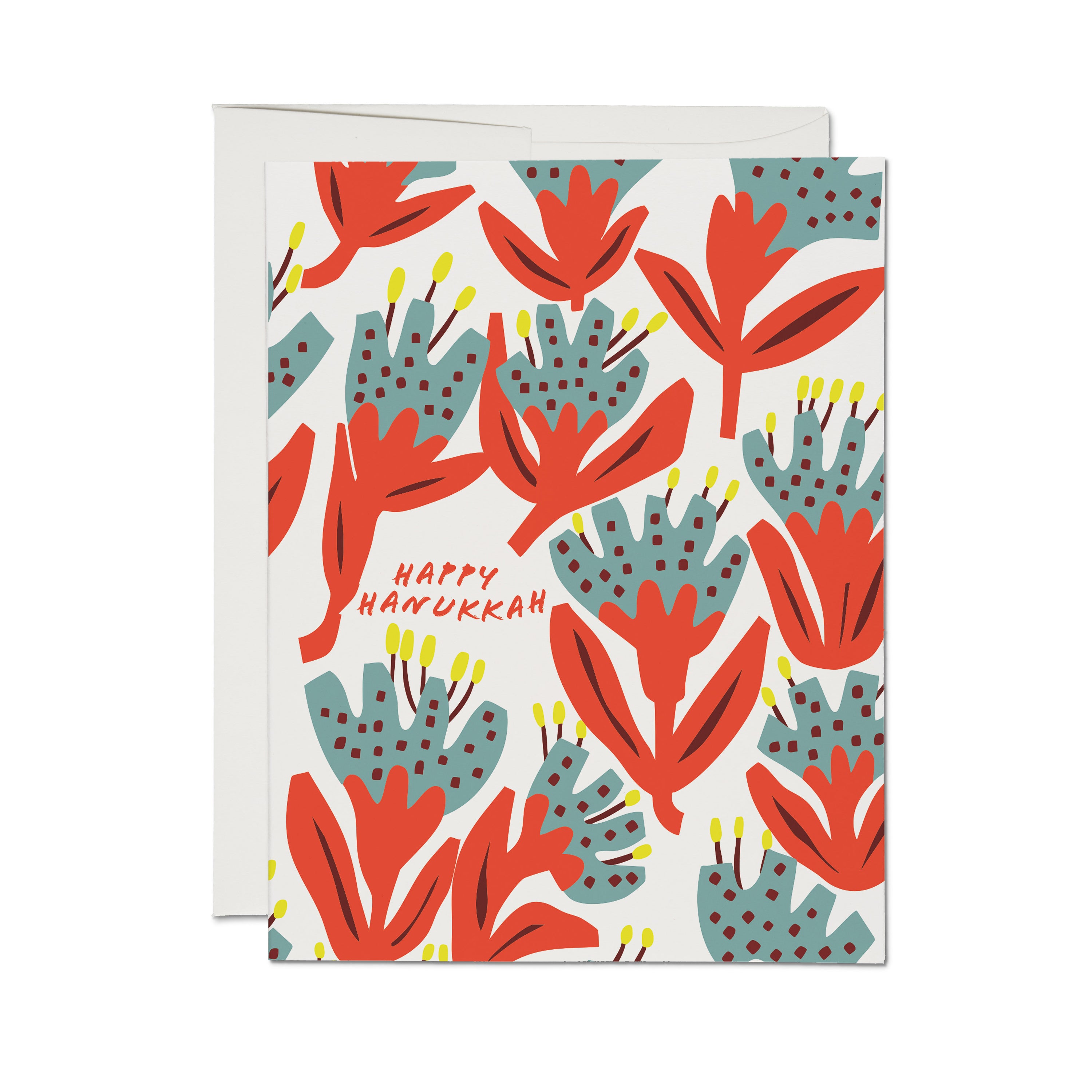 Greeting Card with colorful illustrated floral design and red 'Happy Hanukkah' text on white background.