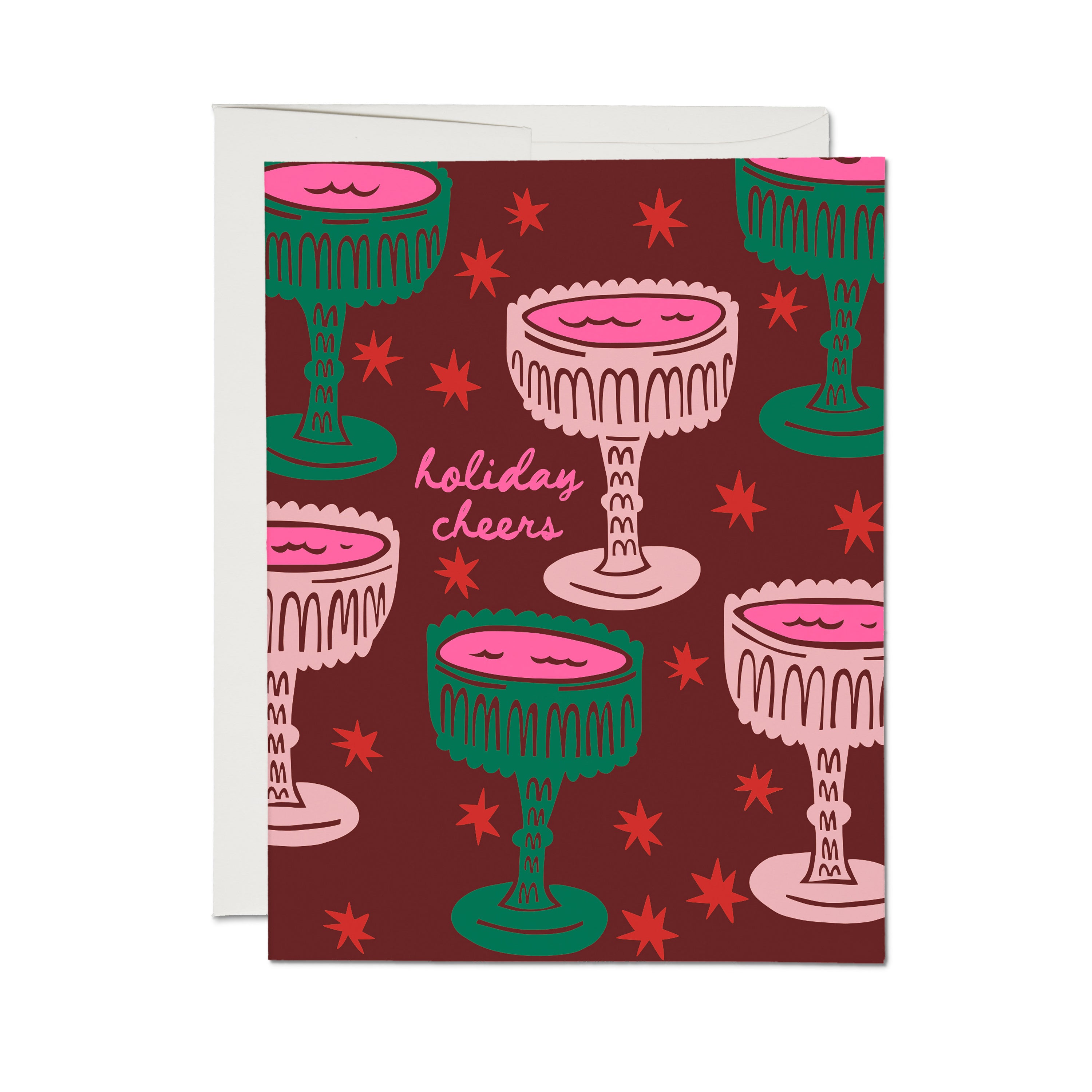 Greeting card with illustrated vintage cocktail glasses with red starburst design and pink 'Holiday Cheers' text.