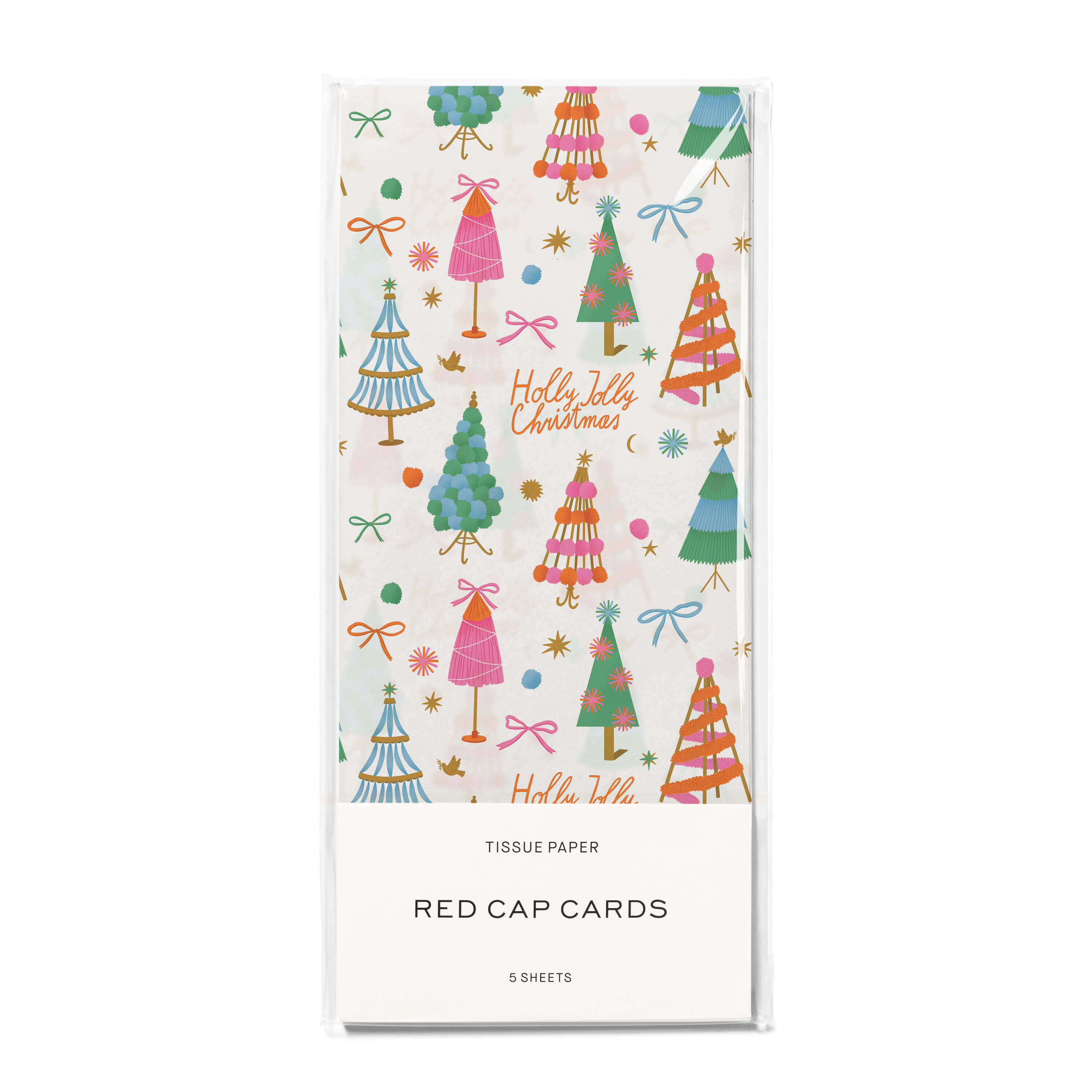 Tissue paper with mid century modern illustrated Christmas tree design with "Holly Jolly Christmas" text.