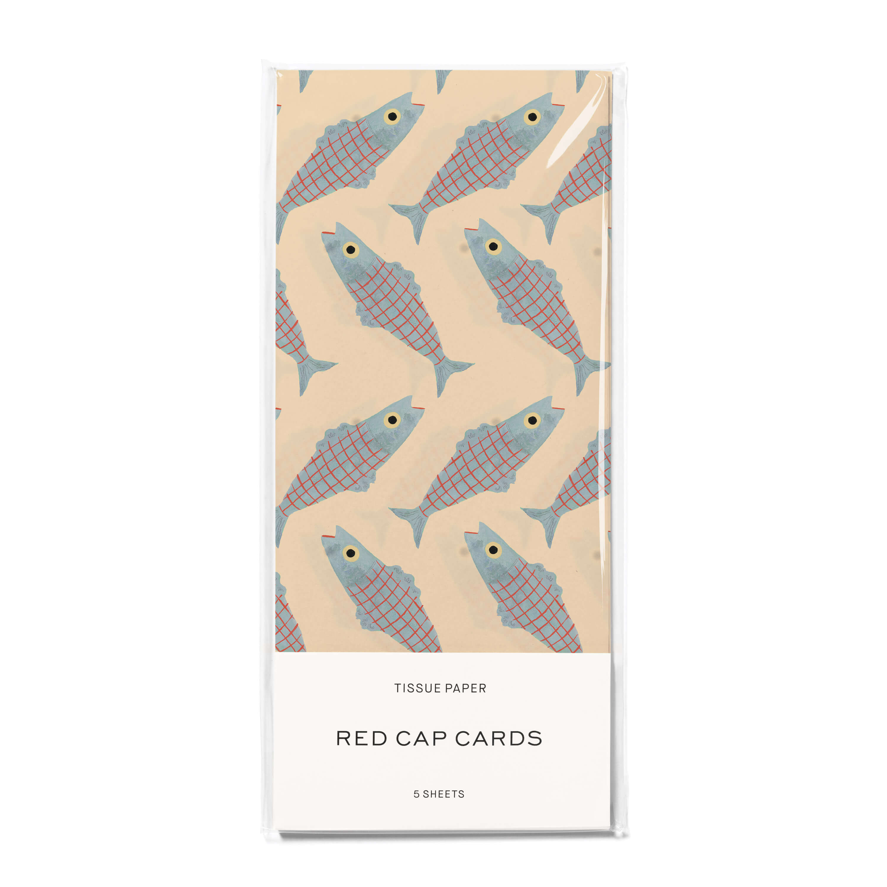 Beige tissue paper with a gray-blue and red striped Herring design on a white background.