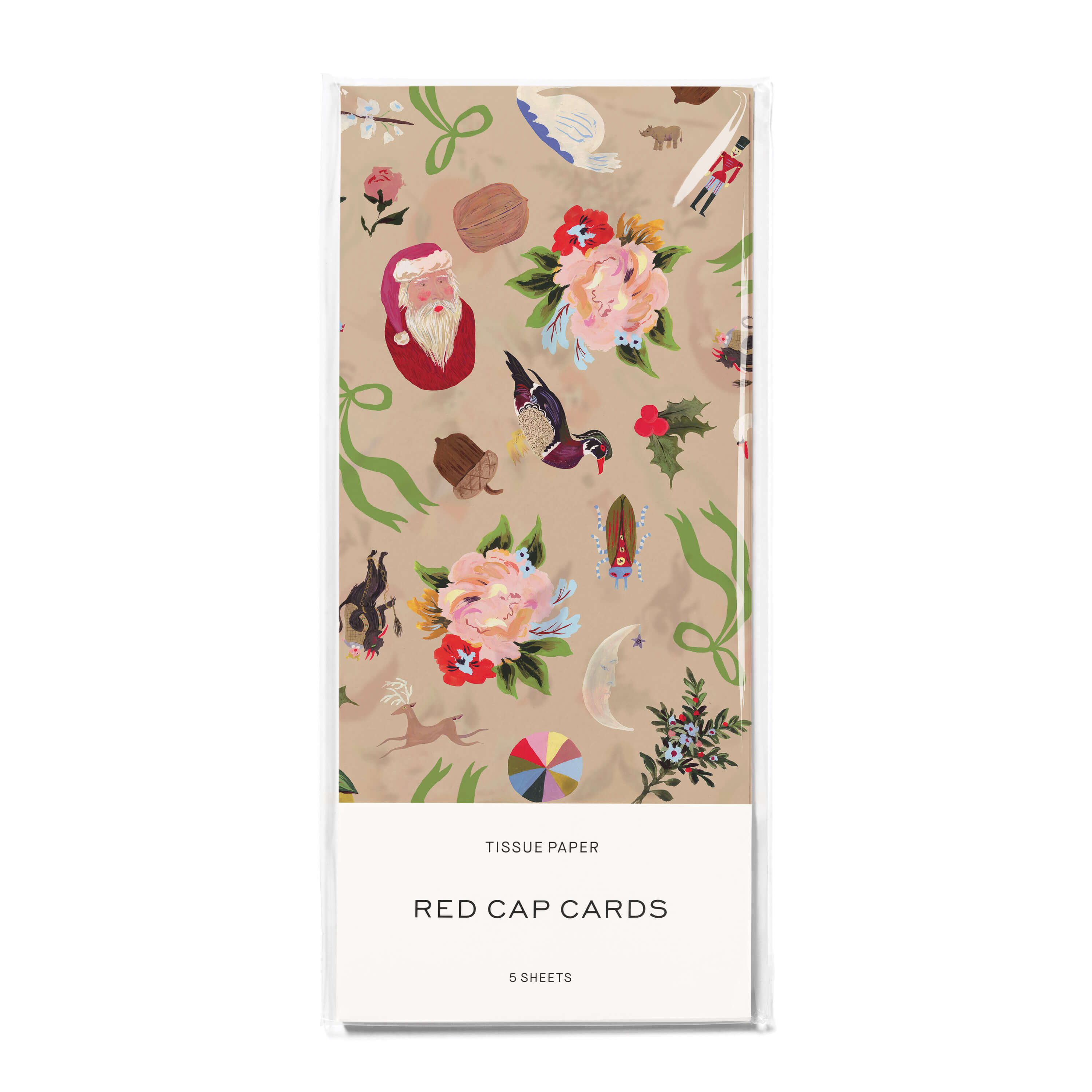 Beige tissue paper with animated Christmas desigsn like Santa Claus, a mallard, acorn, krampus, holly and nutcracker.