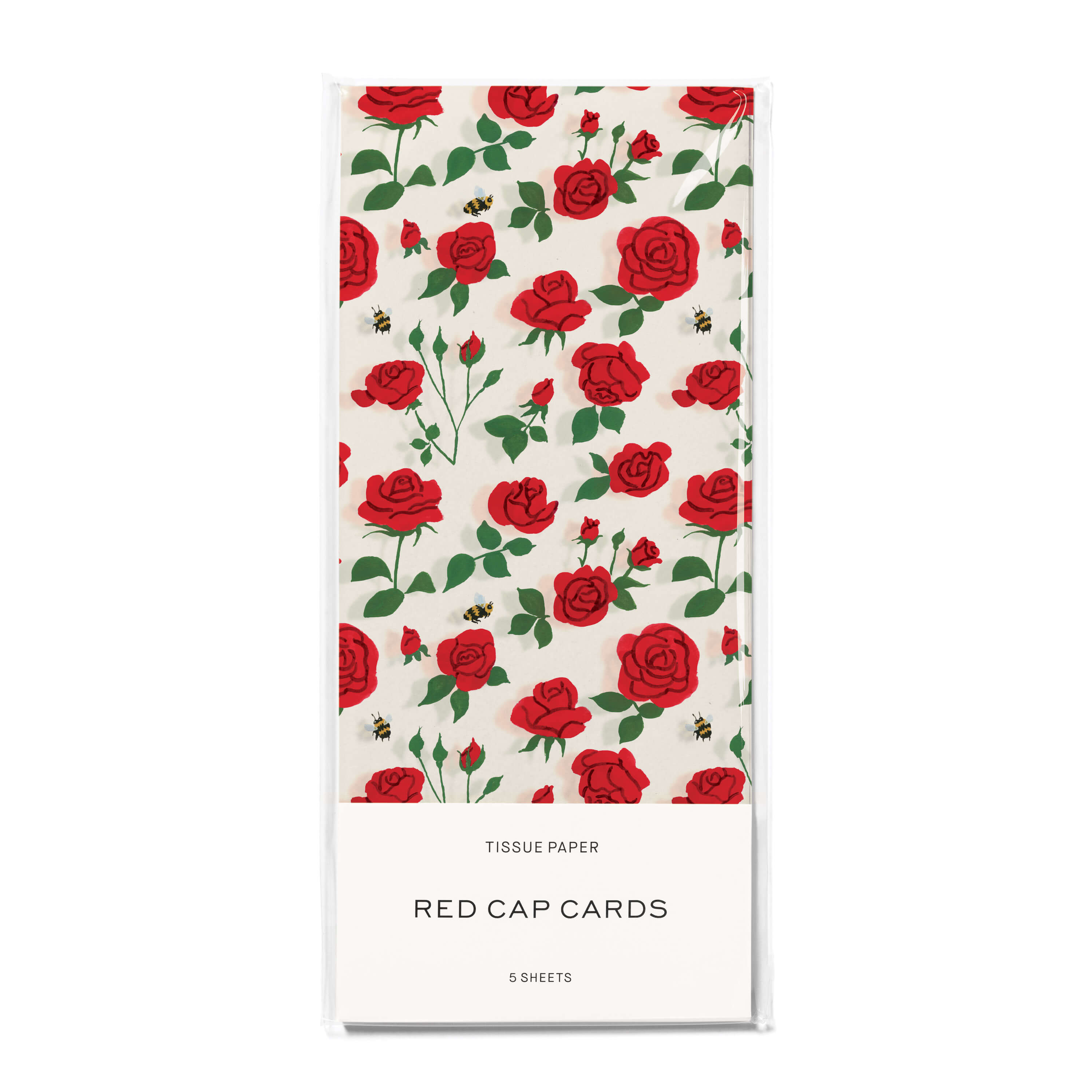 Tissue paper with illustrated blooming red rose and bee pattern on a white background.