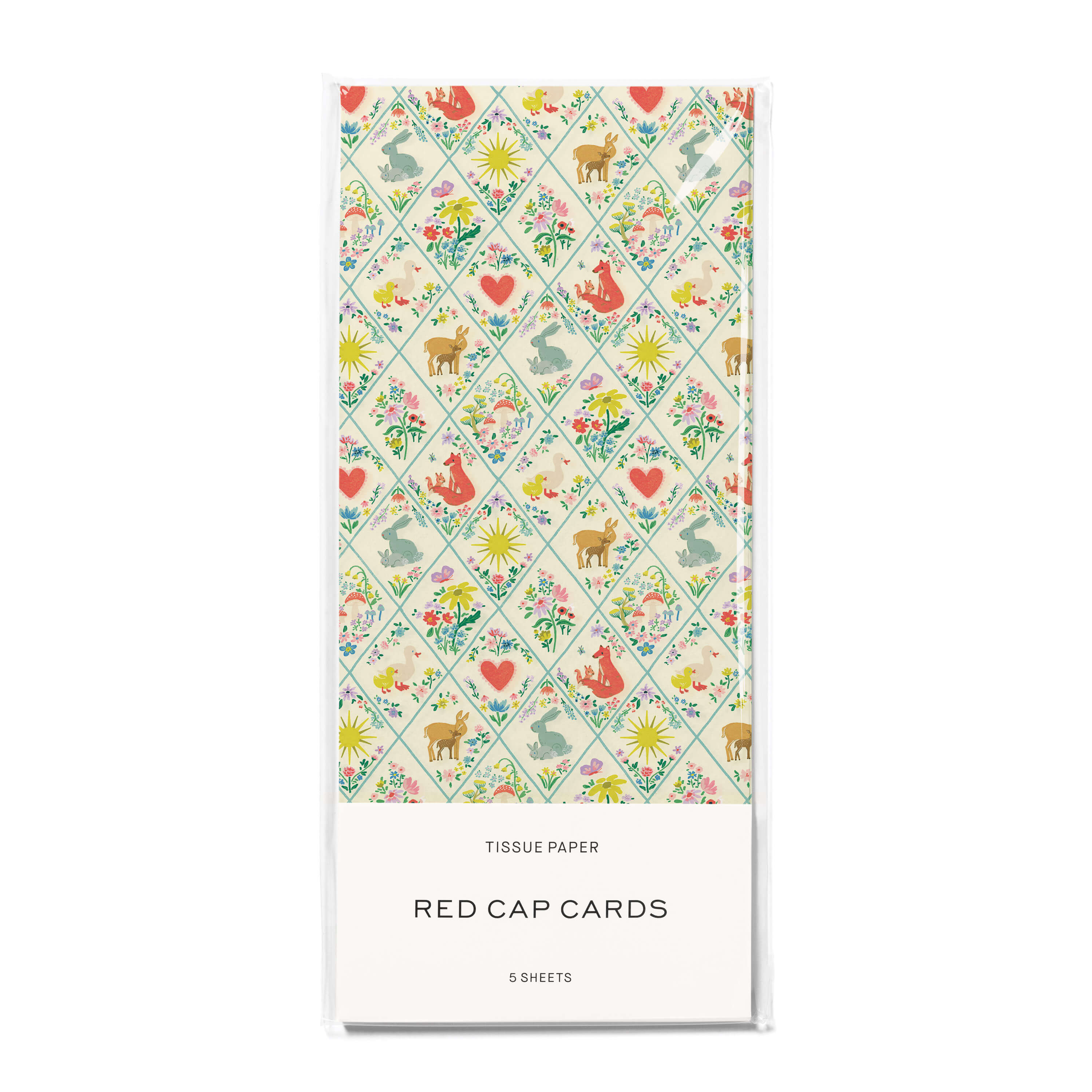 Tissue paper with illustrated woodland critters quilted design on a white background.