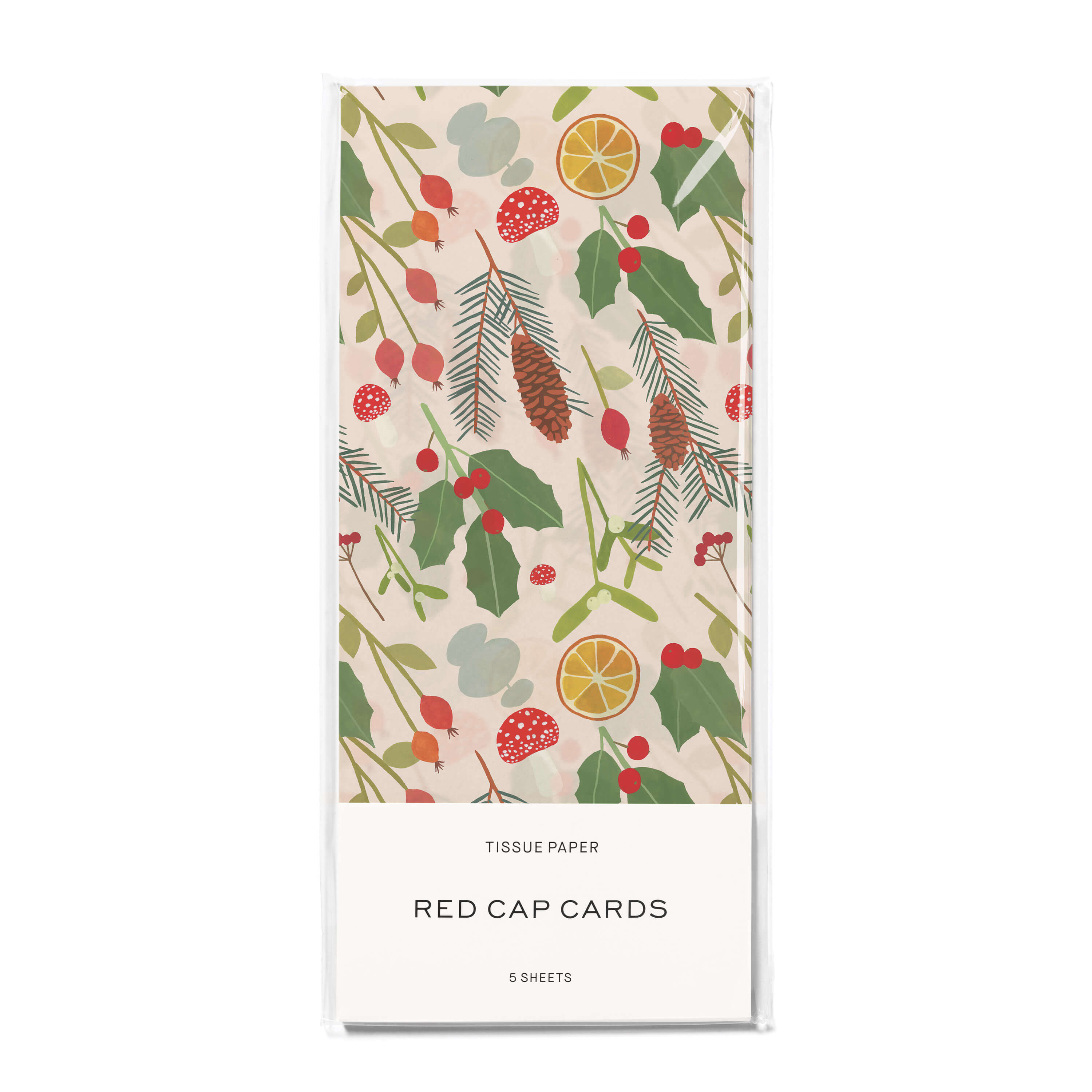 Tissue paper with a colorful illustrated holiday floral theme print on a white background.