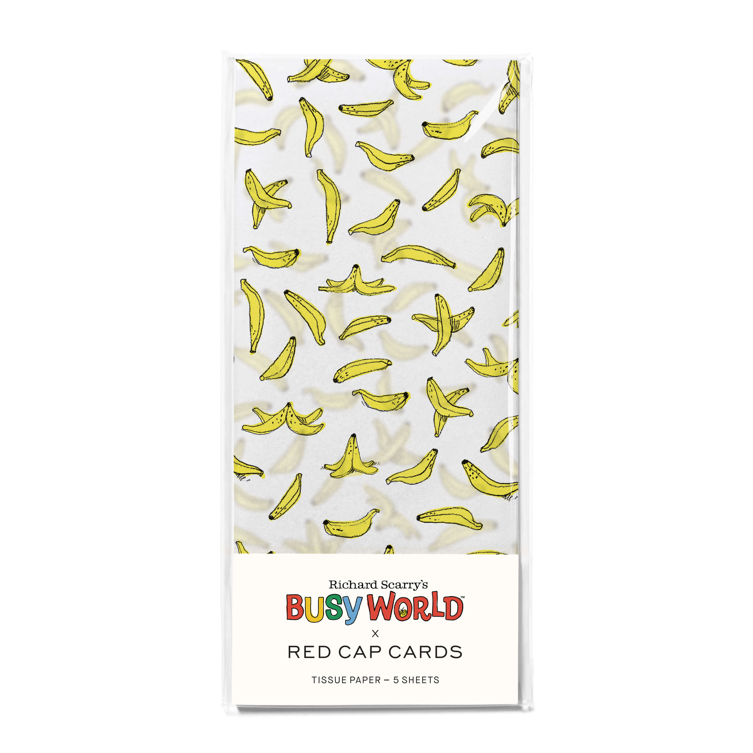5 sheets of Richard Scarry's Busy World themed Tissue Paper with banana and banana peel design on white background.